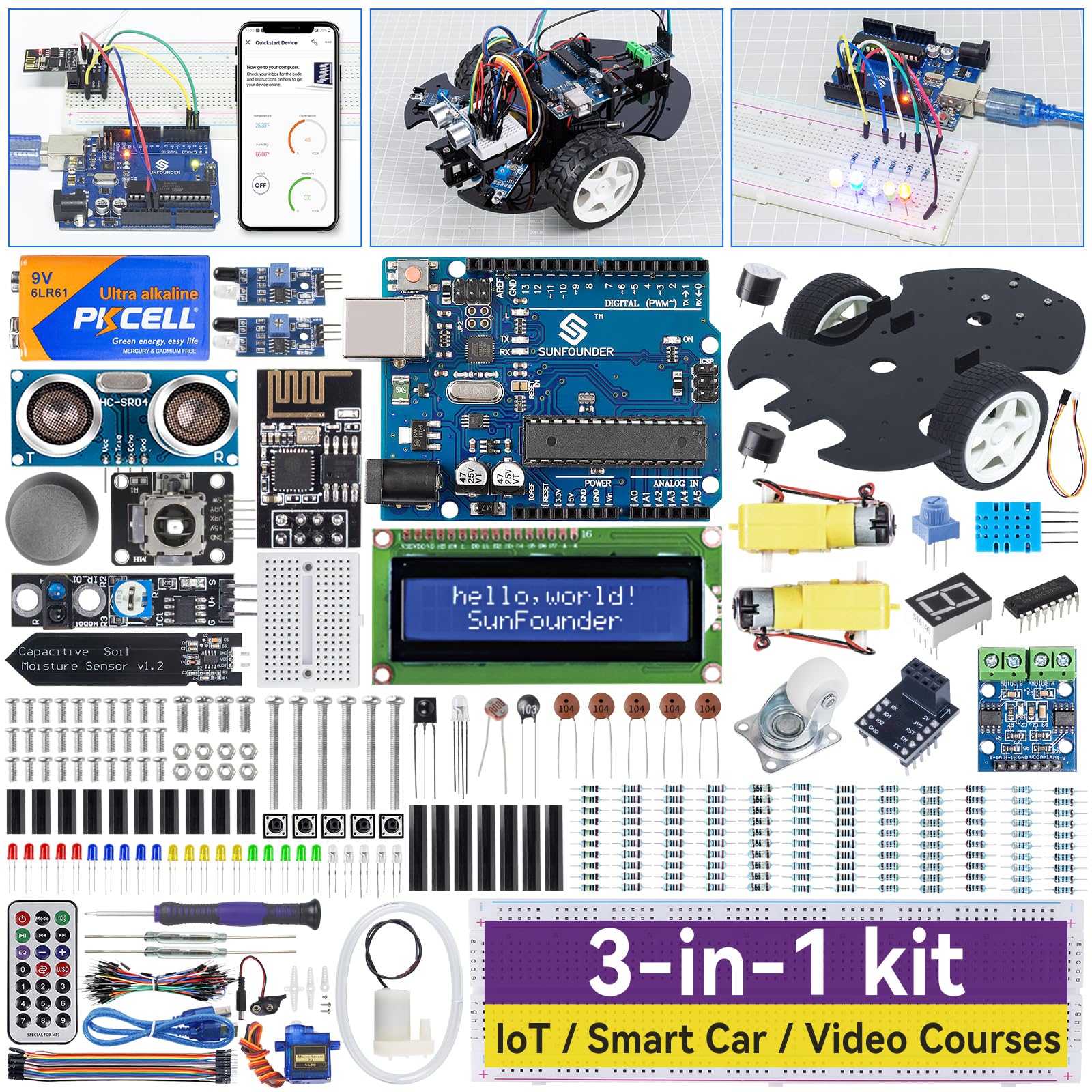 Sunfounder Ultimate Starter Kit Compatible With Arduino Uno Ide Scratch, 3 In 1 Iot/Smart Car/Basic Kit With Online Tutorials, V