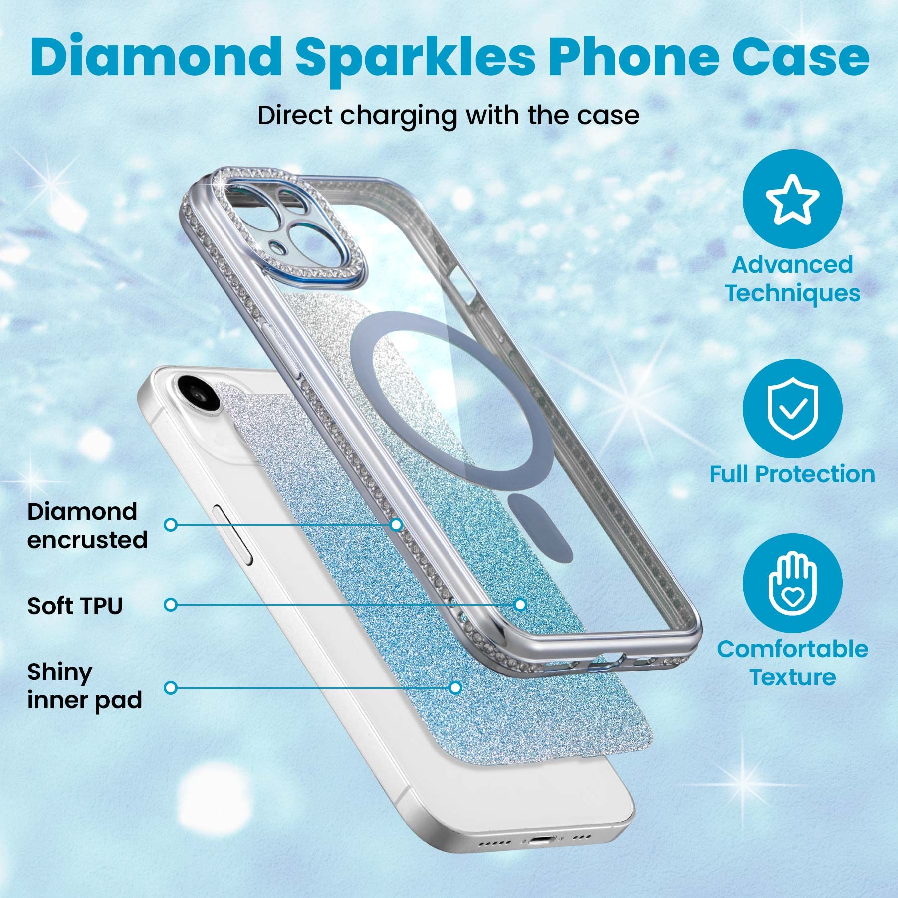 Zcdaye Case For Iphone 14 Pro With Diamond Decorated, Iphone 14 Pro Phone Case Compatible With Wirless Charging, Blue Edge Elect