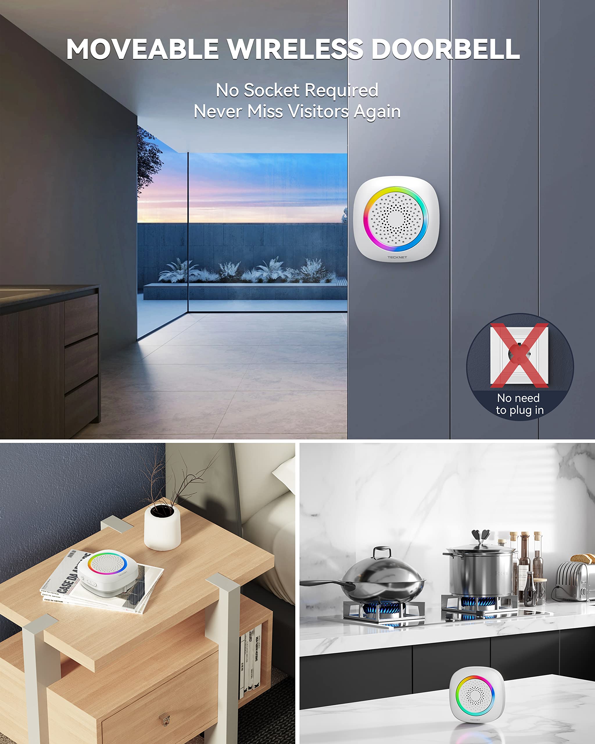 Tecknet Wireless Doorbell With 2 Portable Doorbells With Rgb Light, Battery Powered Ip66 Waterproof Door Chime Kit, 1300Ft Wirel