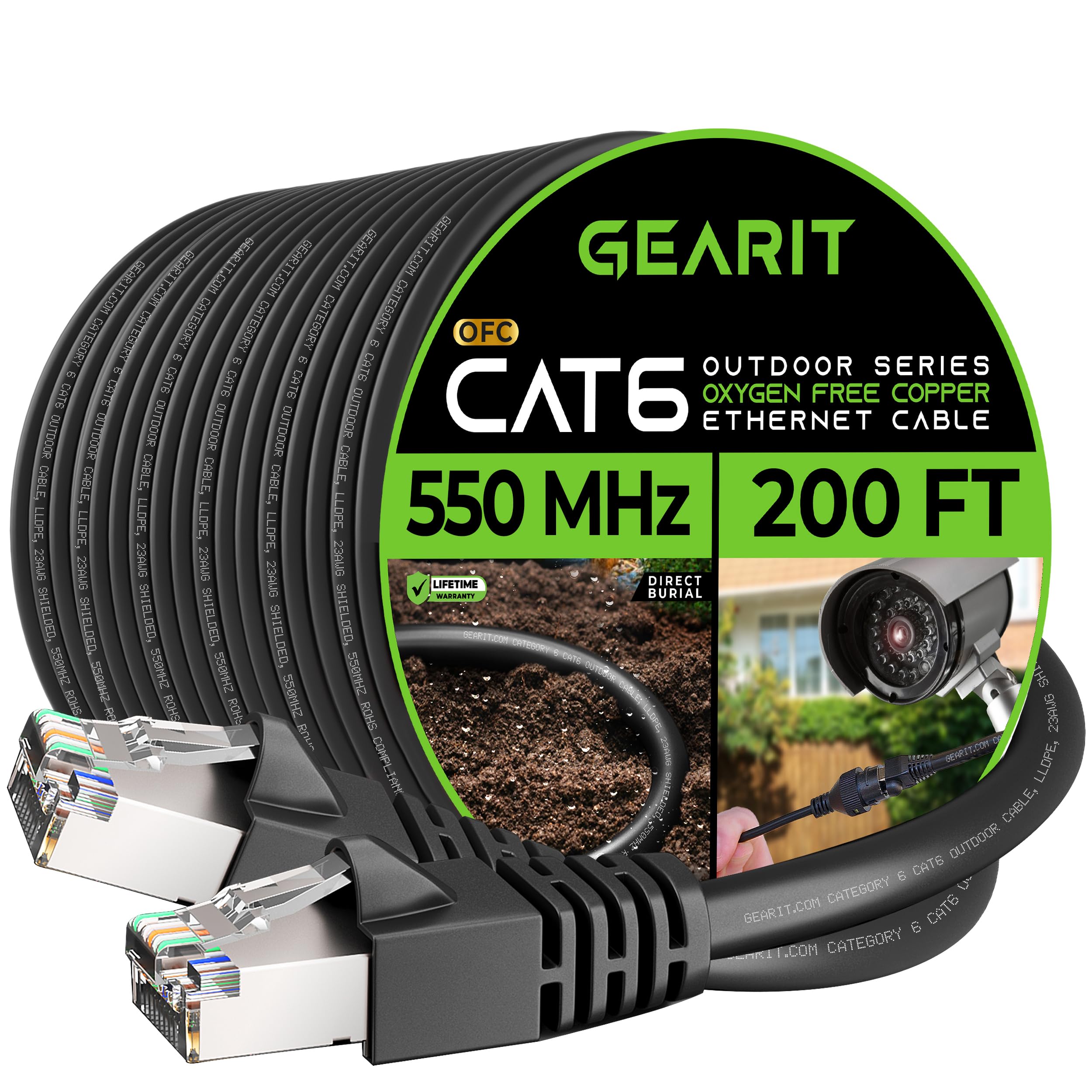 Gearit Cat6 Outdoor Ethernet Cable (200Ft) 23Awg Pure Copper, Ftp, Lldpe, Waterproof, Direct Burial, In Ground, Uv Resistant, Po