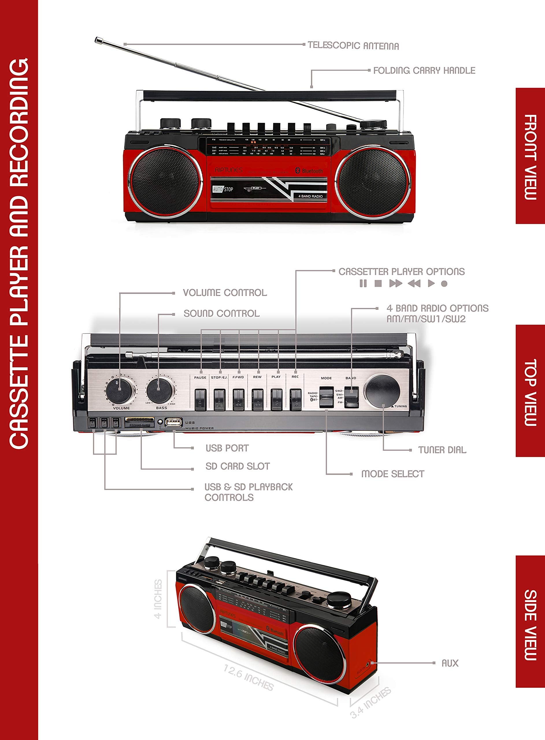 Riptunes Cassette Boombox, Retro Blueooth Boombox, Cassette Player And Recorder, Am/Fm/Sw 1 Sw2 Radio 4 Band Radio, Usb, And Sd, Red