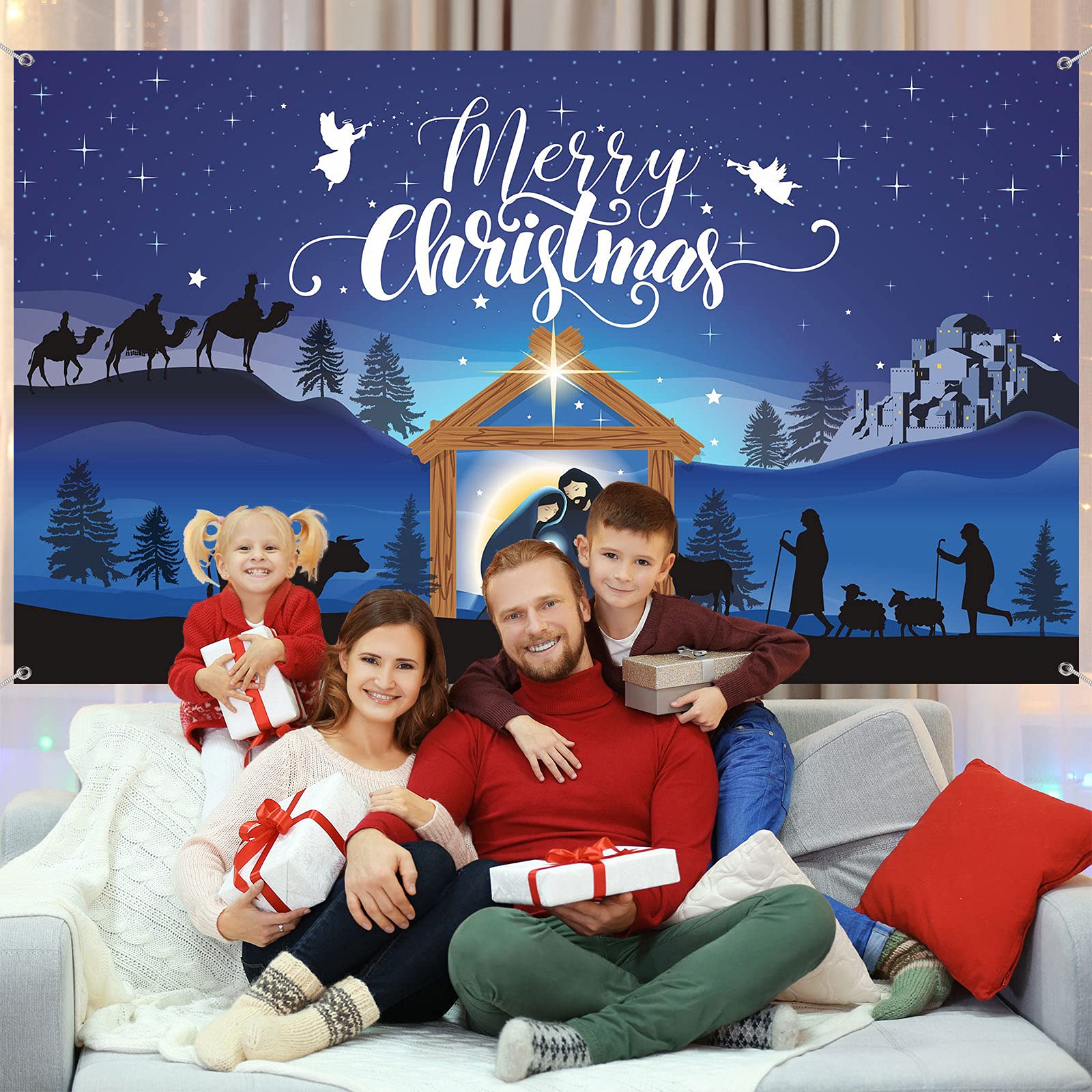 Merry Christmas Nativity Scene Banner   Large Blue Backdrop For Christmas Party Photography Booth   72.8 X 43.3 Inch