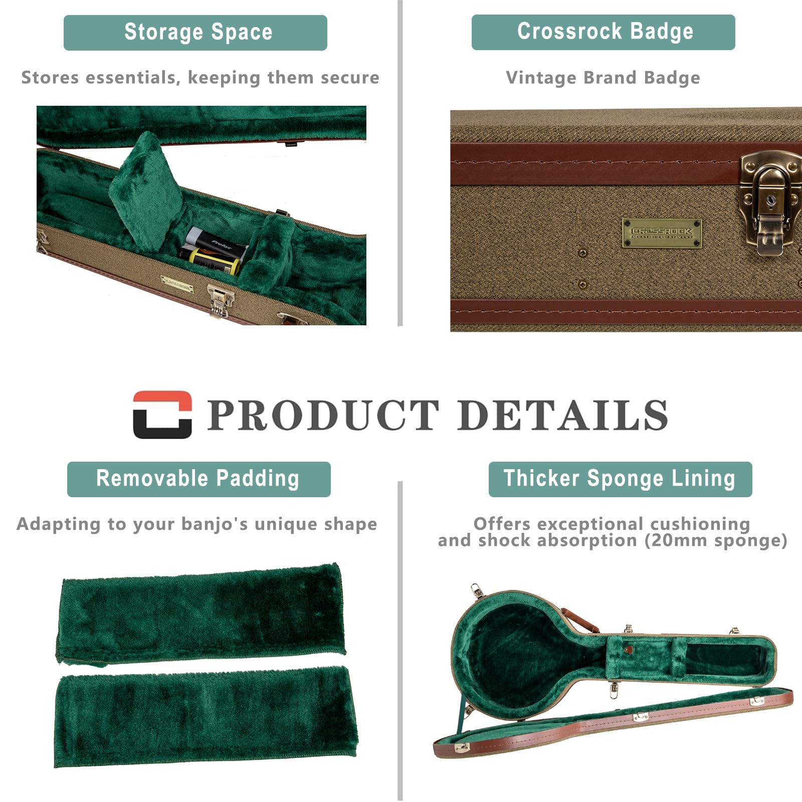 Crossrock Master Series Openback Banjo Case | Olive Green Tweed Exterior, Re-Engineered Wooden Shell, Leather Handle & Forest Gr