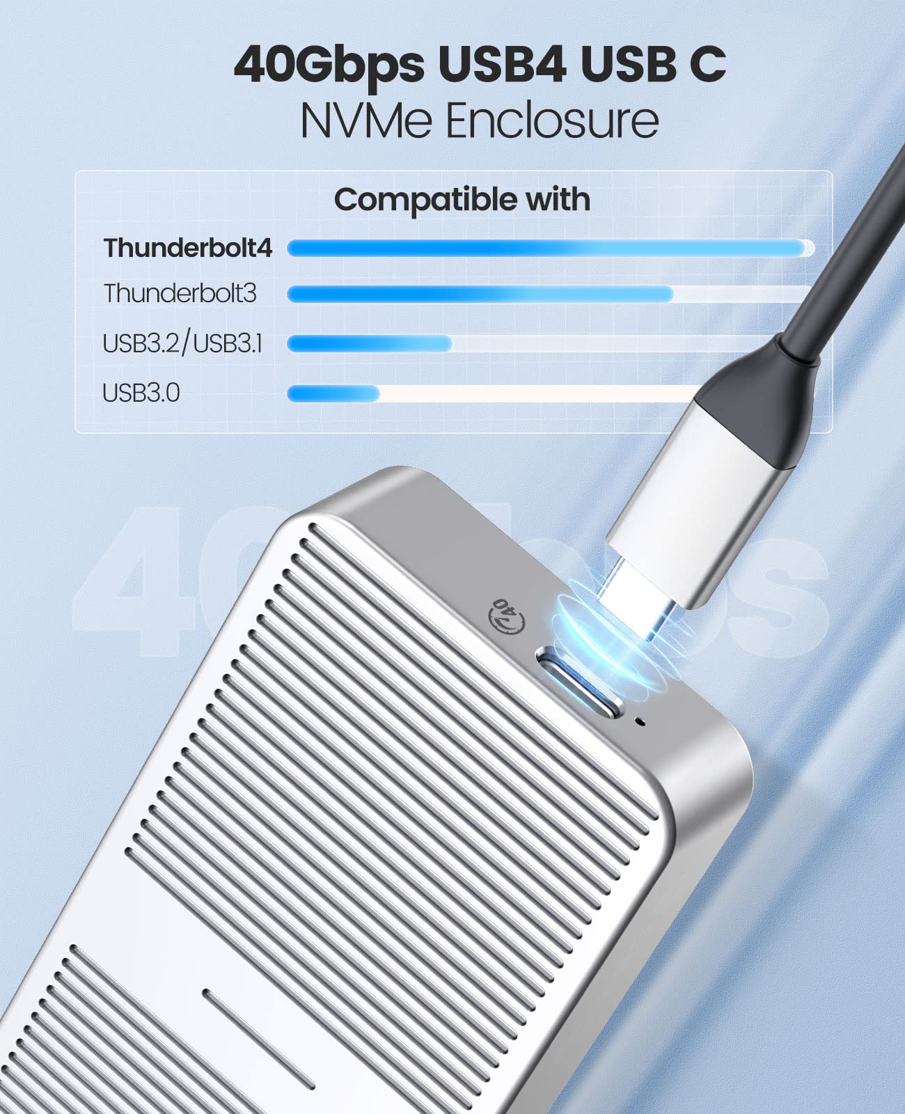 ORICO Upgraded M.2 NVMe SSD Enclosure 40Gbps PCIe3.0x4 USB C Adapter, Aluminum NVMe PCIe 2280 M Key(B+M Key) External Solid State Drive Case, Support Thunderbolt 3/4 USB3.2/3.1/3.0/Type C M224 Silver