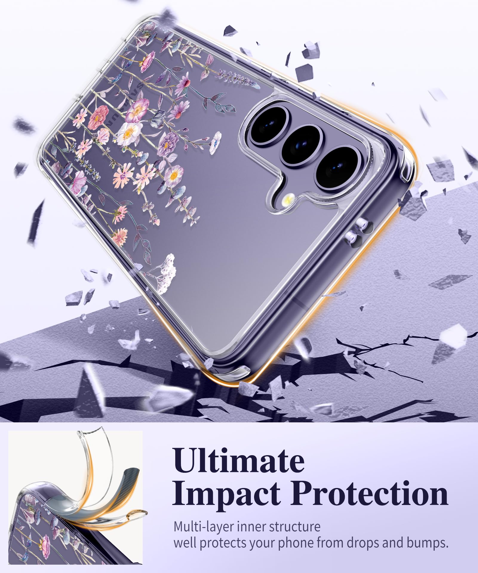 Gviewin For Samsung Galaxy S24 Case Floral, With Screen Protector & Camera Lens Protector, Hard Pc&Tpu Bumper Clear Shockproof P