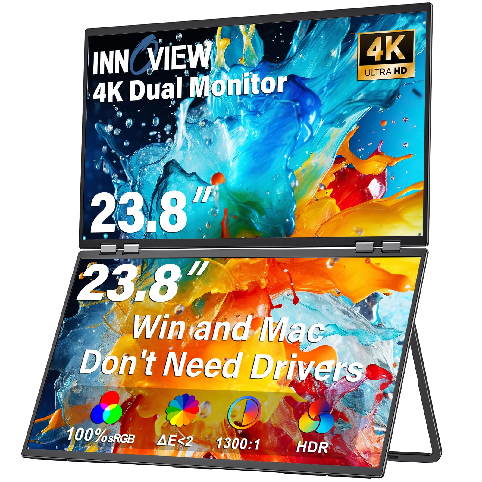 InnoView 23.8 Dual Portable Monitor 100% sRGB 3840x2160P 4K 315Adjustable Dual Stacked Foldable Monitor Built-in Speakers Screen