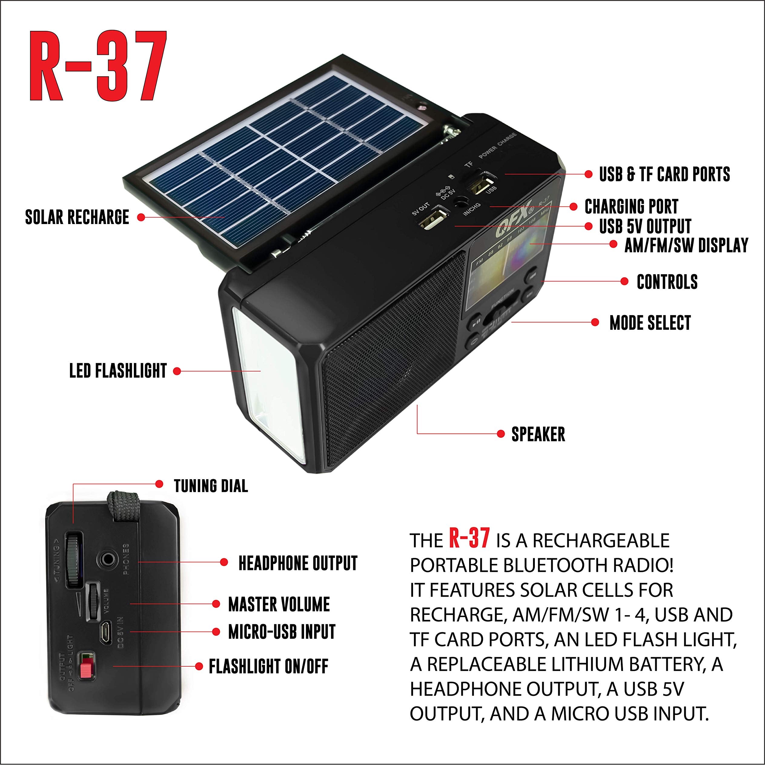 Qfx R 37 6 Band (Am, Fm, Sw1   Sw4) Bluetooth Led Flashlight Solar Radio (2021 Model)