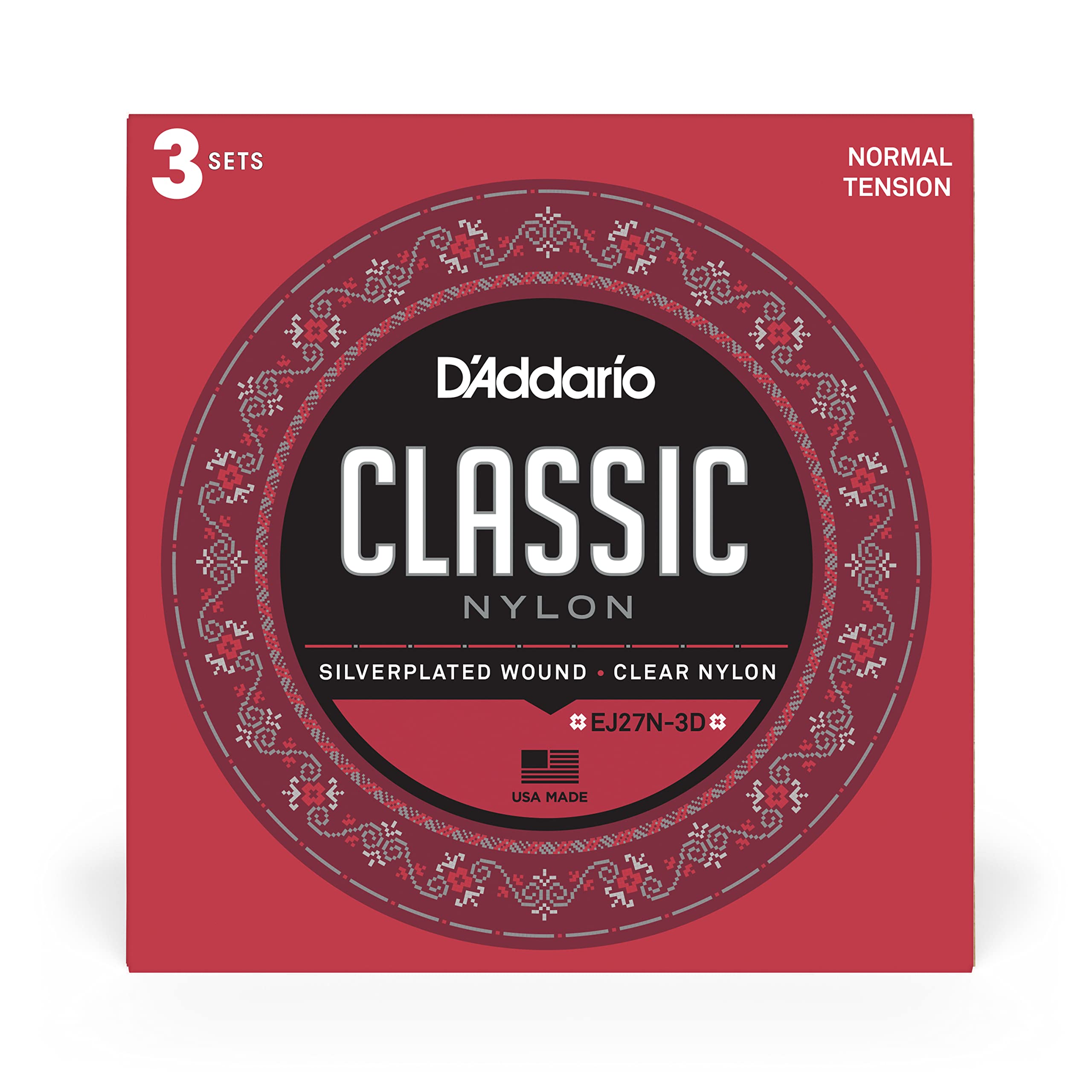 D'Addario Guitar Strings   Classic Nylon Guitar Strings   Ej27N Classical Guitar Strings   Silver Plated Wrap, Nylon Core, Clear