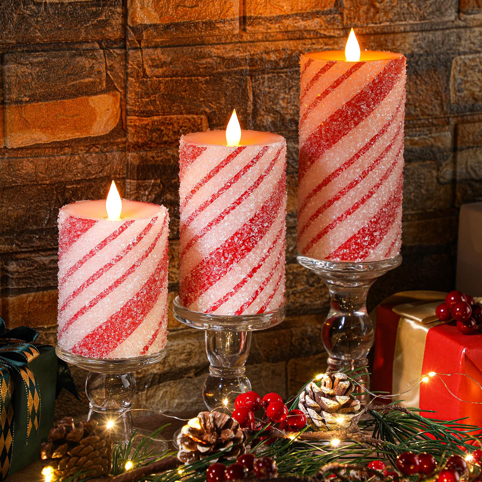Baquler 3 Pcs Christmas Flameless Pillar Candles LED Candy Cane Peppermint Stripe Red and White Glitter Battery Operated Candles