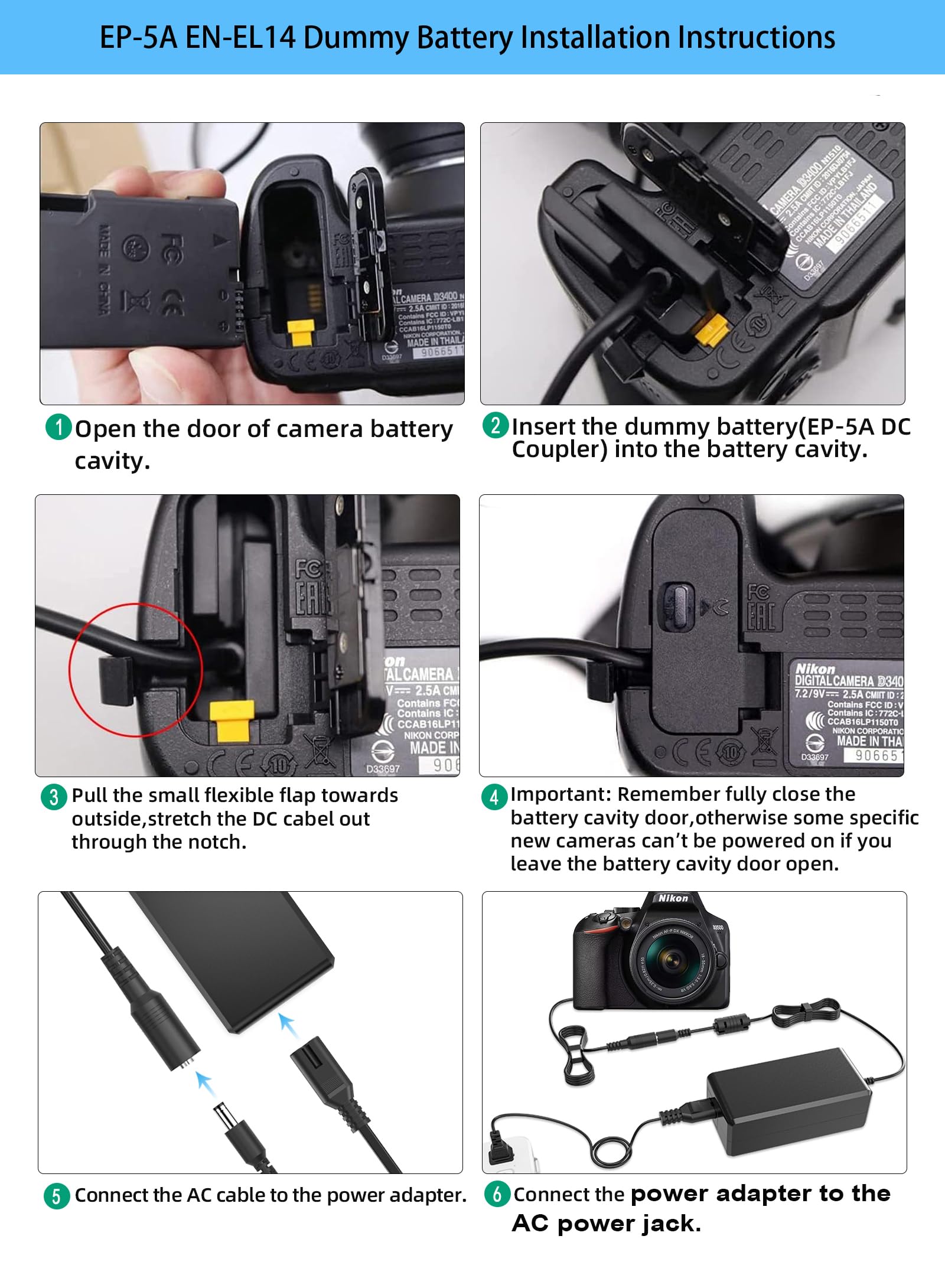Tkdy Ep 5A Eh 5 Ac Power Adapter En El14A Dummy Battery For Nikon D3500 D3400 D3200 D5100 D5200 D5300 D5500 D5600 D3100 D3300 Coolpix P7000 P7100 P7700 P7800 Df Cameras.
