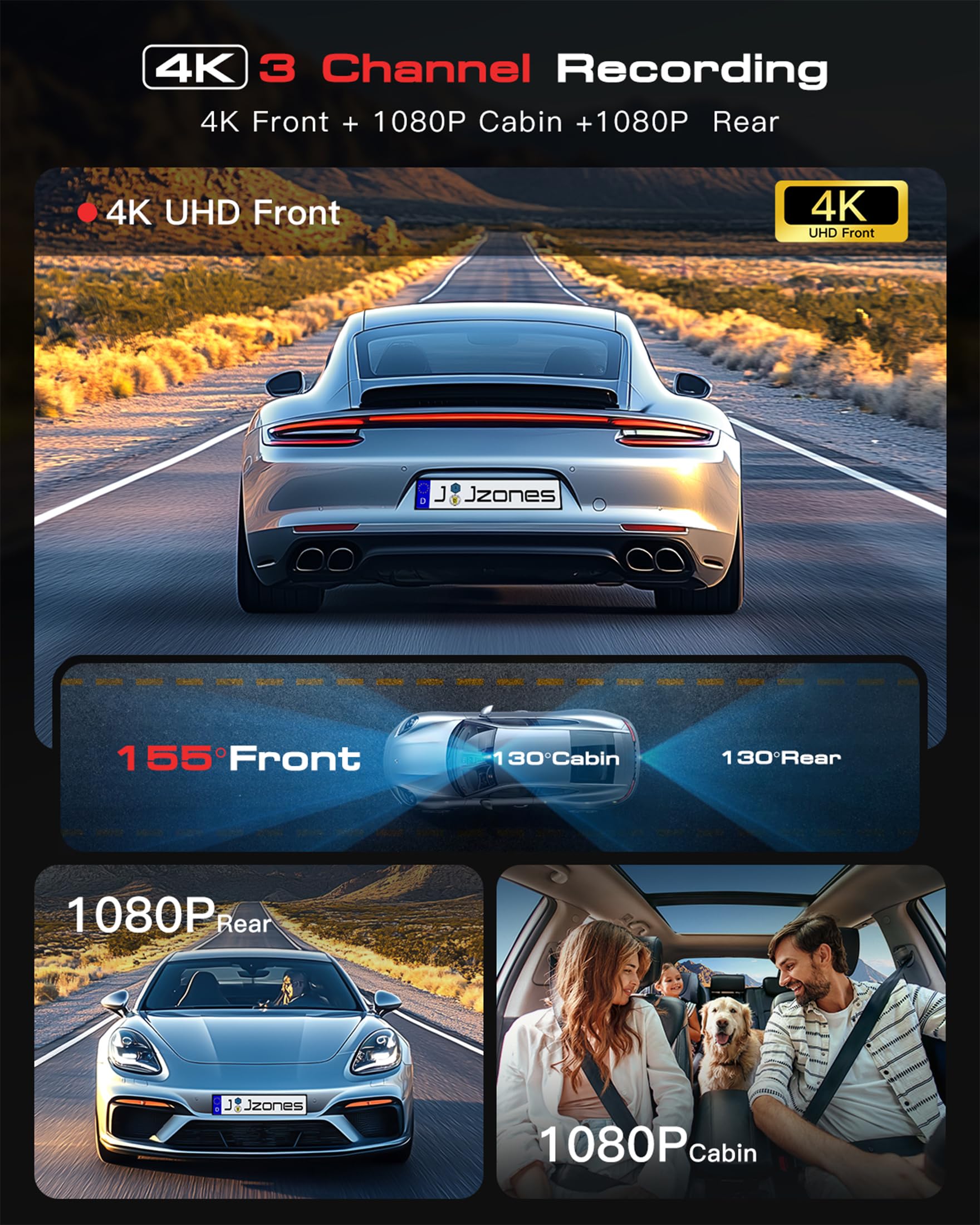 3 Channel 4K Dash Cam, Dash Camera For Cars With Starvis 2 Hdr Night Vision, 4K+1080P+1080P Front Inside And Rear Triple Car Cam