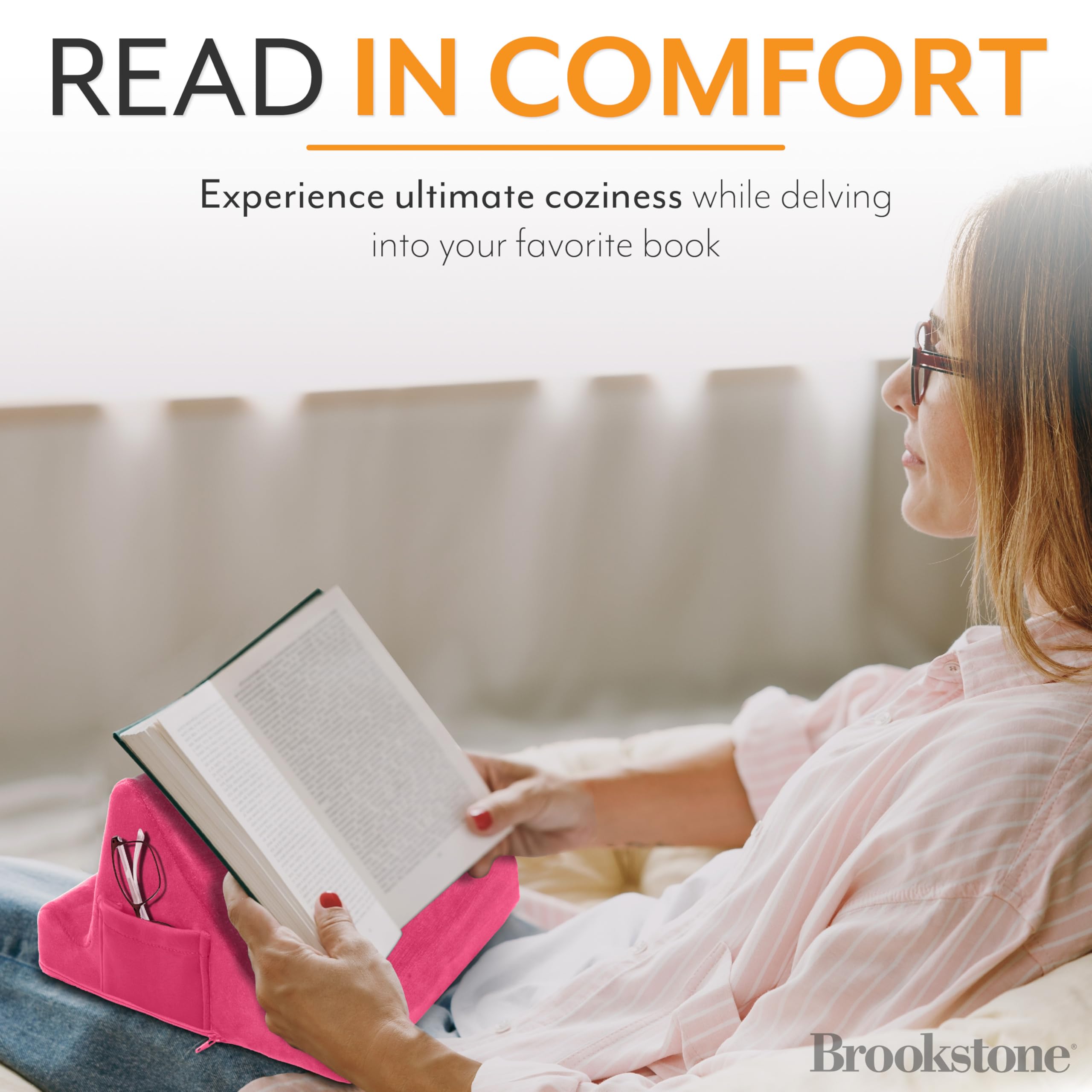 Brookstone, Memory Foam Lap Desk Tablet Holder, Holds Phones, Ipads, E Book Readers, 2 Viewing Angles, 2 Side Pockets For Accessories, Book Holder Cushion, Perfect For Home, Car Travel, Flights, Pink