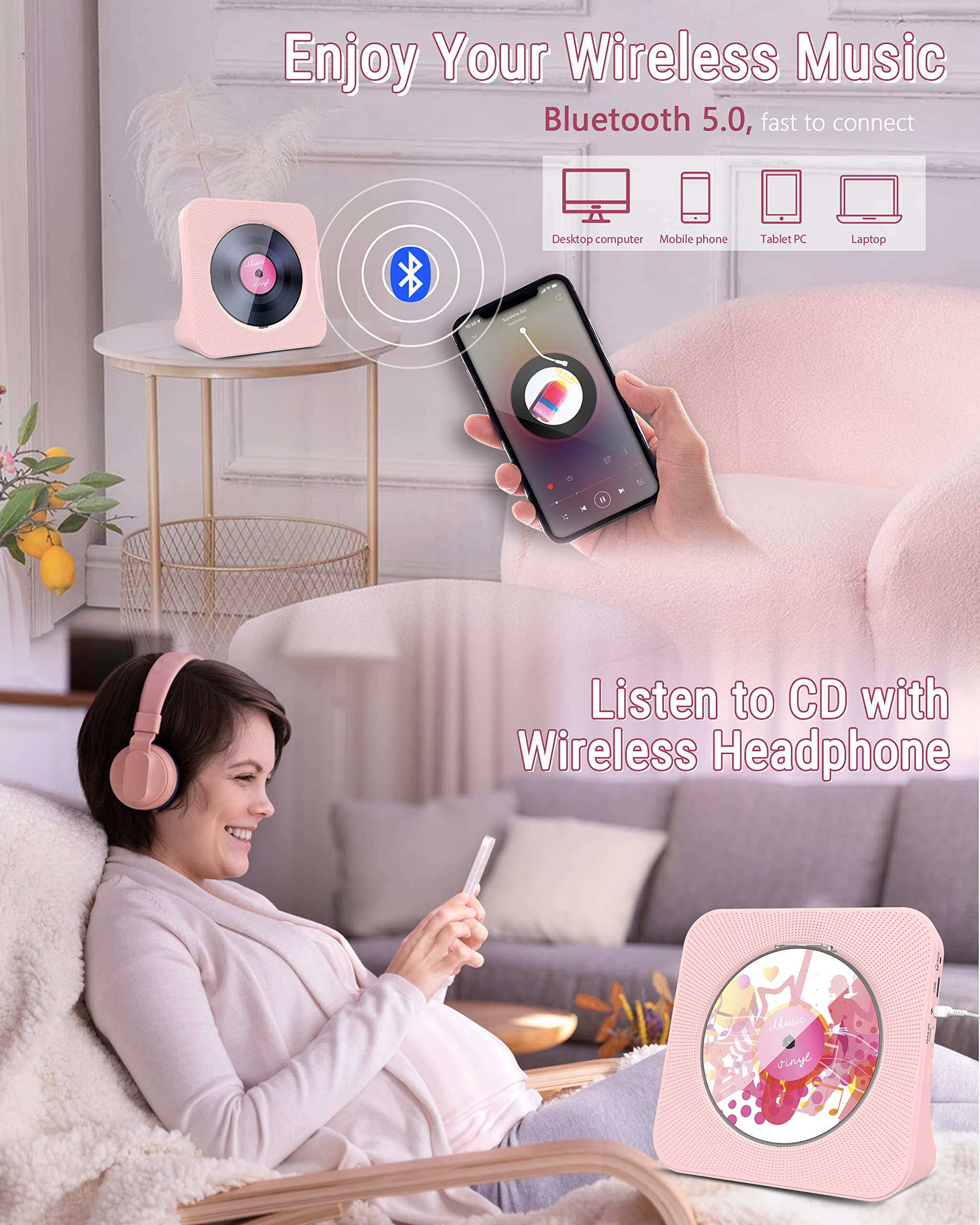 Greadio Cd Player Portable With Bluetooth 5.0, Hifi Sound Speaker, Cd Music Player With Remote Control, Dust Cover, Fm Radio, Led Screen, Support Aux/Usb, Headphone Jack For Home, Kids, Kpop, Gift