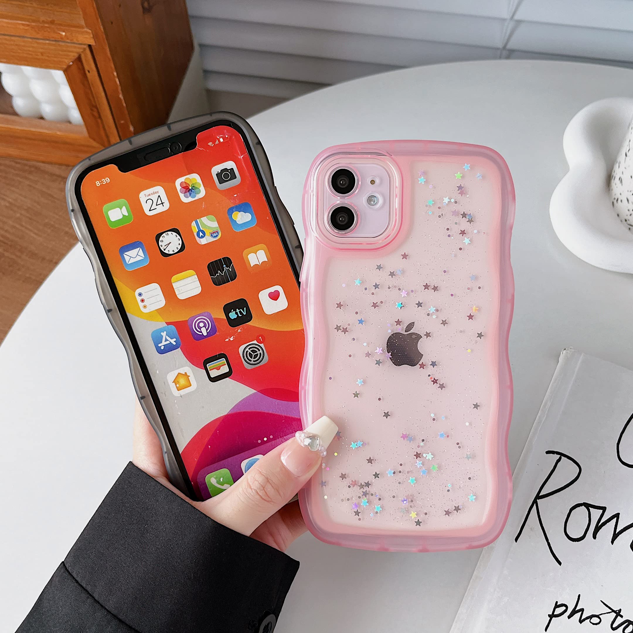 Qokey For Iphone 11 Pro Case 5.8'' Curly Wave Edge Design Transparent Bling Glitter Star Shiny Case Cute Clear Transparent Full
