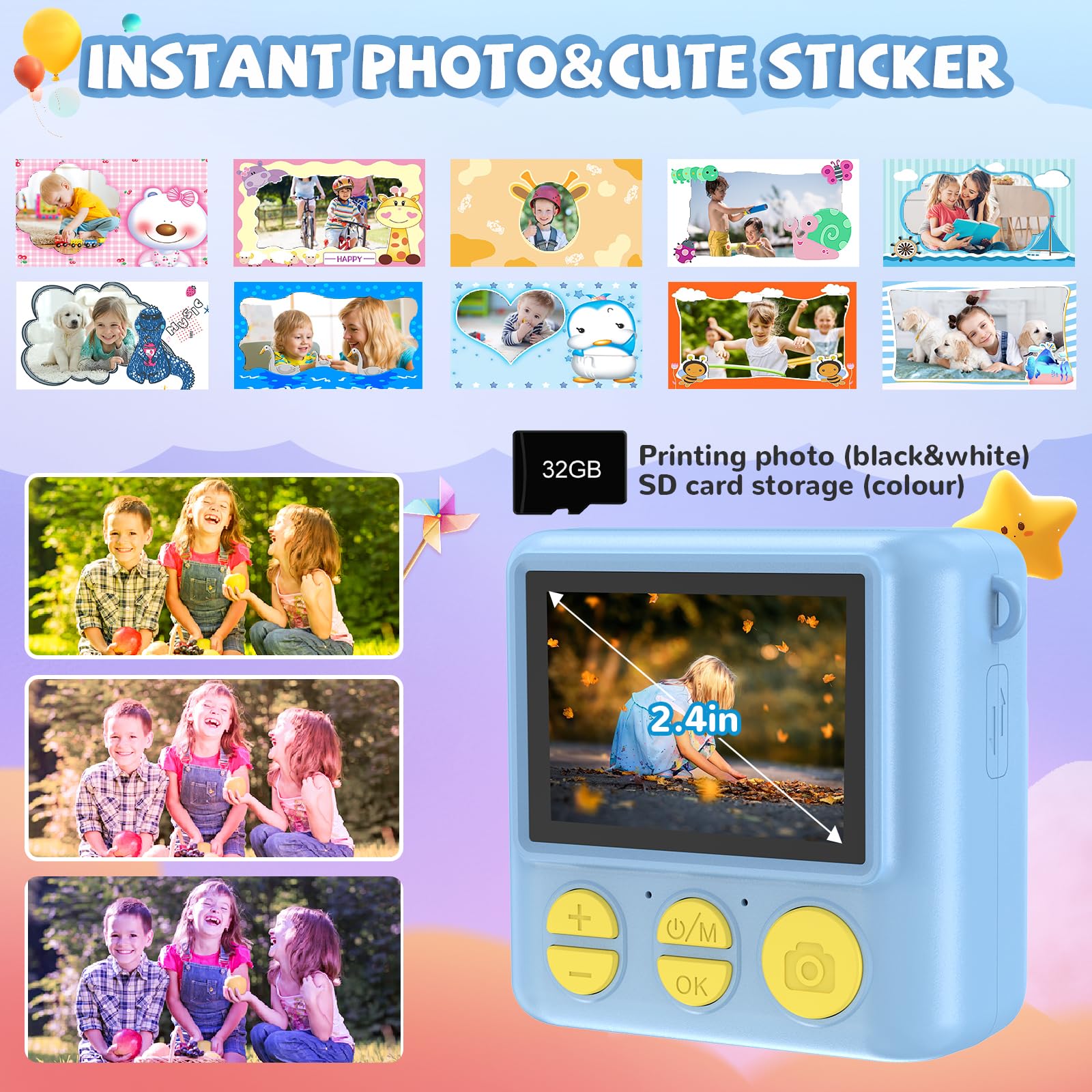 Instant Print Kids Camera   1080P Selfie Digital Camera, Portable Travel Toy For Boys & Girls Age 3 12, Christmas Birthday Gifts