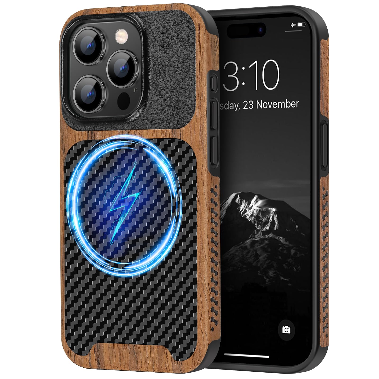 TENDLIN Magnetic Slim Case Compatible with iPhone 15 Pro Max Black | Wood Grain, Carbon Fiber Texture Design, Leather, Hybrid, C