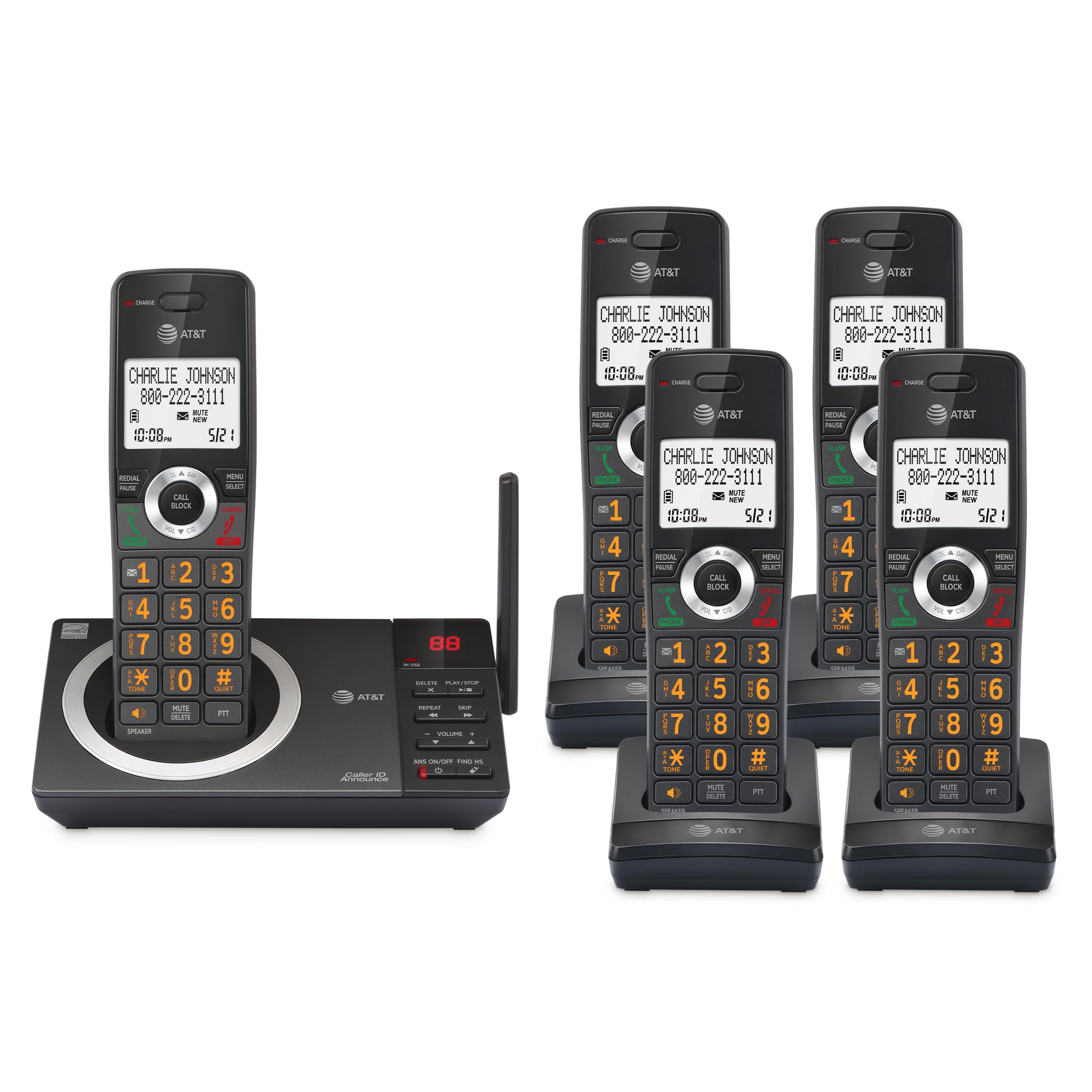 AT&T 5-Handset Expandable DECT 6.0 Cordless Home Phone with Large Display, Big Buttons, Answering Machine, Smart Call Blocker, L