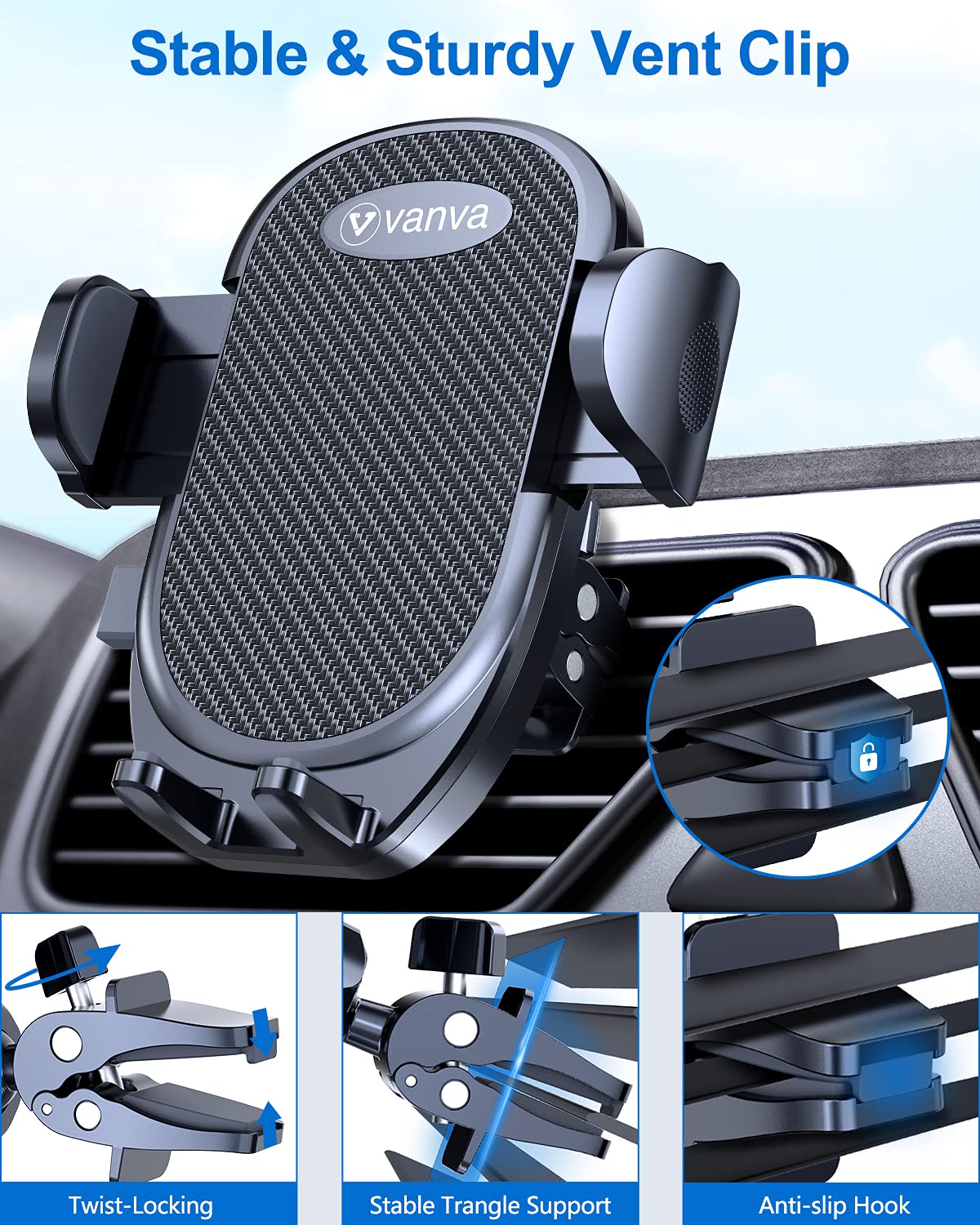 Vanva Universal Air Vent Car Mount, [ Big Phones & Thick Case Friendly ] Cell Phone Holder For Car Hands Free Clamp Cradle Vehicle Fit For All Apple (B1)