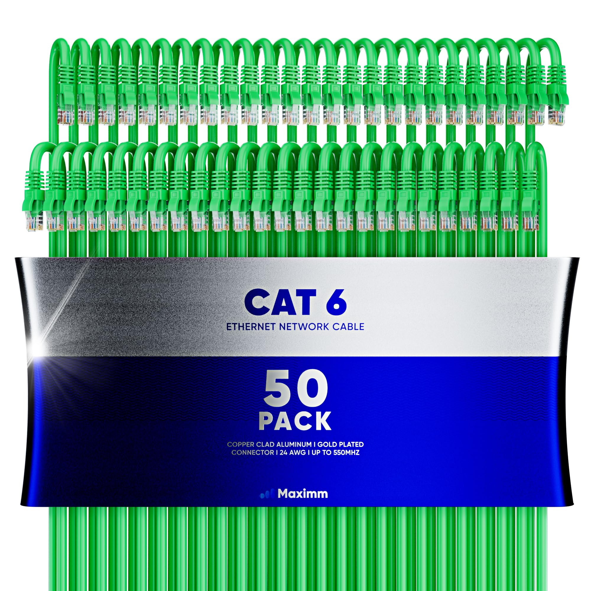 Maximm Cat 6 Ethernet Cable 4 Ft (50 Pack)   High Speed Lan Cable, Internet Cable, Patch Cable, And Network Cable   Utp, 10Gbps, 550Mhz Ethernet Cord   Green