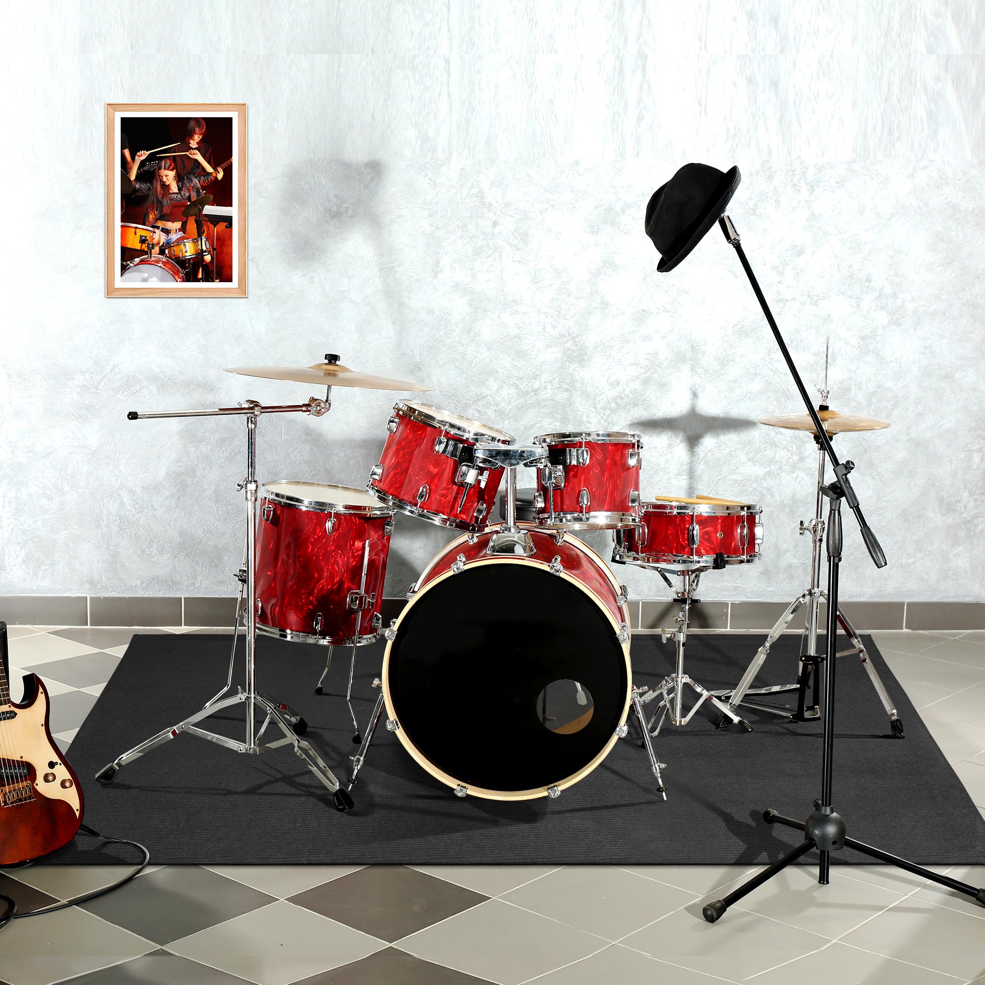 Invech 4 X 6 Ft Drum Rug, Black Drum Mat With Non Slip Grip Bottom, Soundproof Drum Floor Mat For Electrical Drum, Drum Accessor