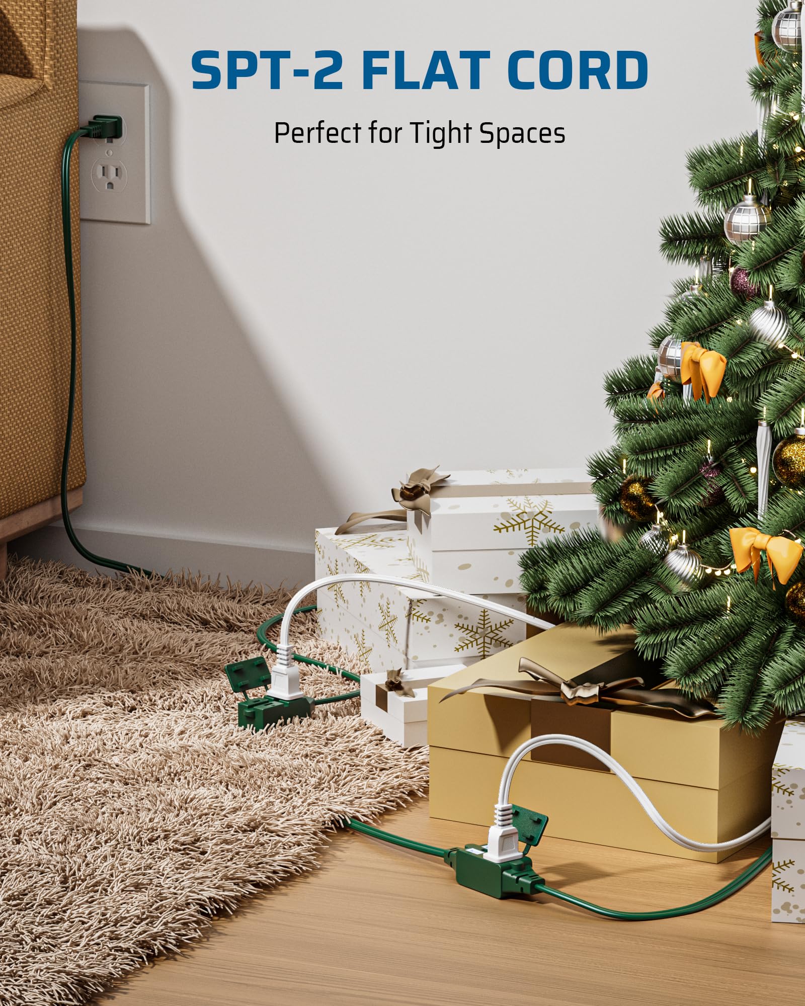 Dewenwils 2 Prong Extension Cord 6 Ft, 3Ft + 3Ft Indoor Extension Cord, 2 Groups 3 Polarized Outlets With Safety Cap Protect For