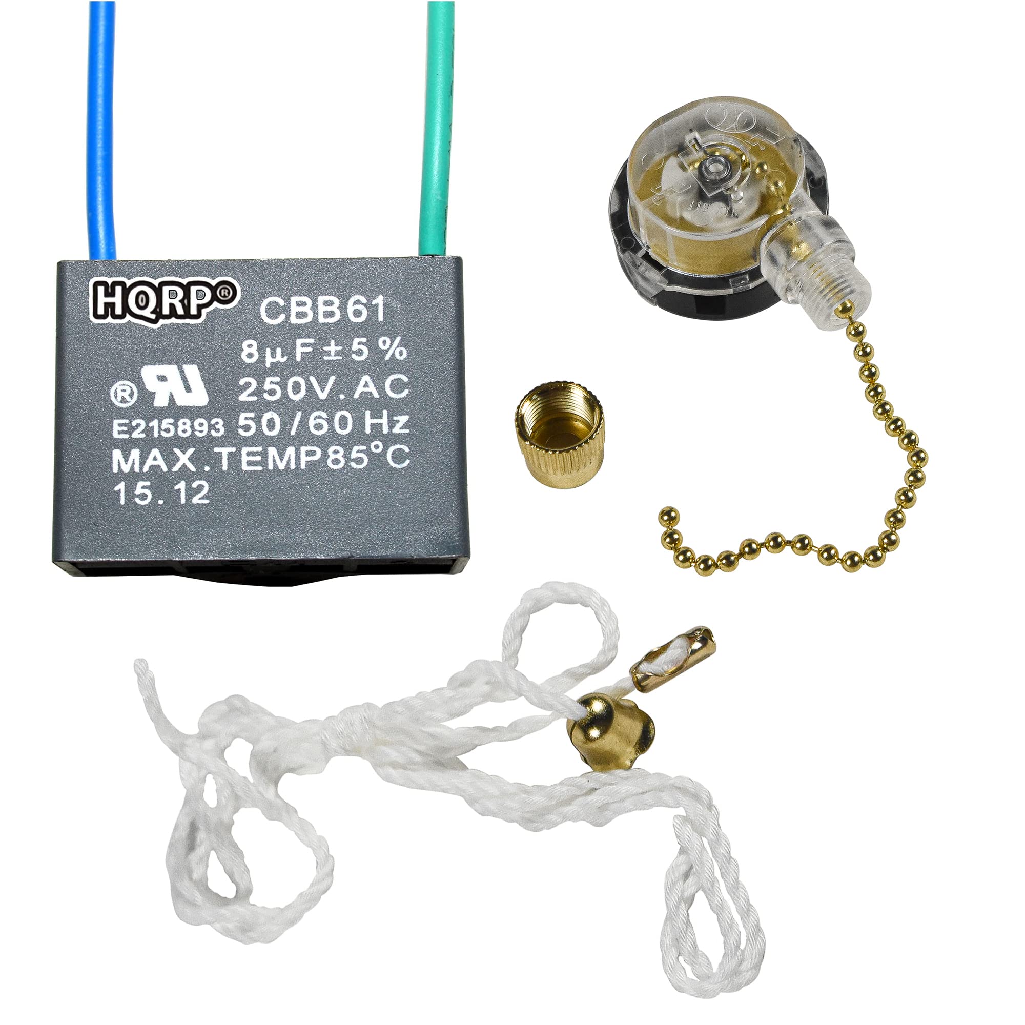 Hqrp Kit Ceiling Fan Capacitor Cbb61 8Uf 2 Wire Ul Listed And 3 Speed Fan Switch