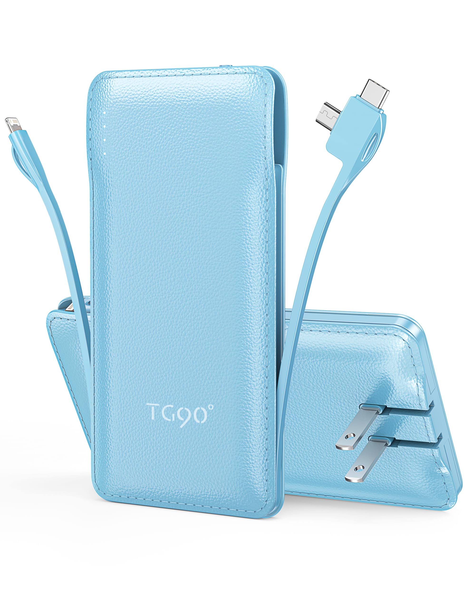 Tg90 10000Mah Power Bank With Built In Foldable Ac Wall Plug And Cables, Ultra Slim Phone External Battery Pack Portable Charger