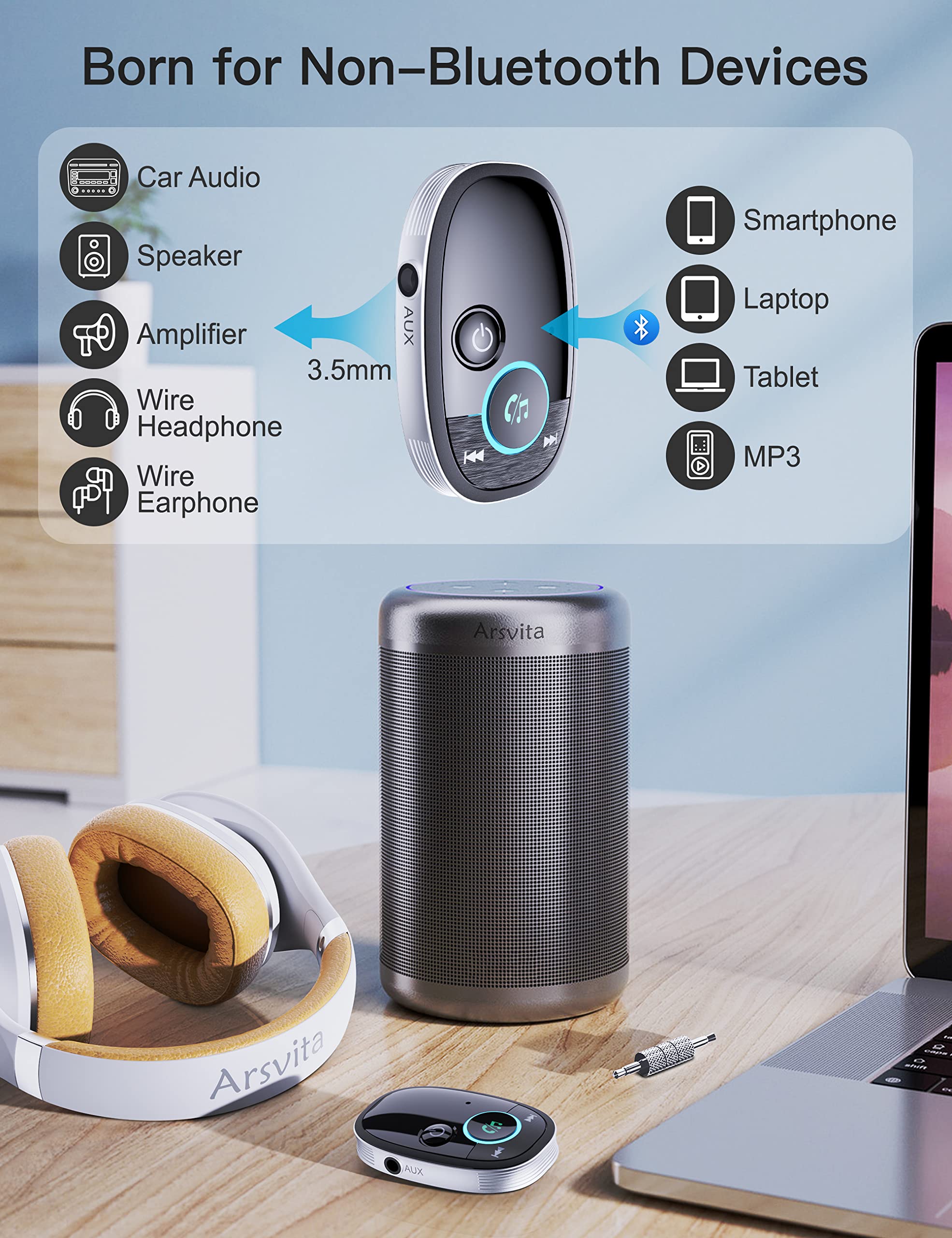 Arsvita Bluetooth Aux Receiver For Car, Portable Audio Adapter With Bluetooth 5.0, Music Streaming For Home Stereo, Wired Headphones, Speakers, Black