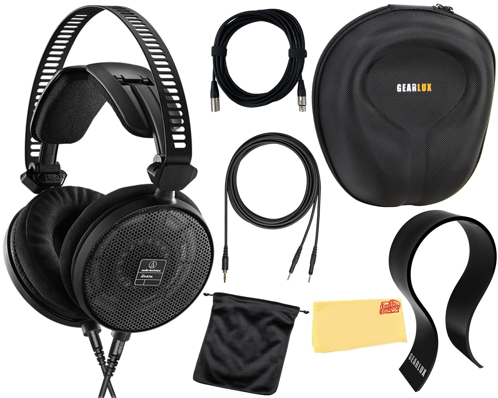 Audio-Technica ATH-R70x Professional Open-Back Reference Headphones - Black Bundle with Case, Stand, Cable, and Austin Bazaar Po