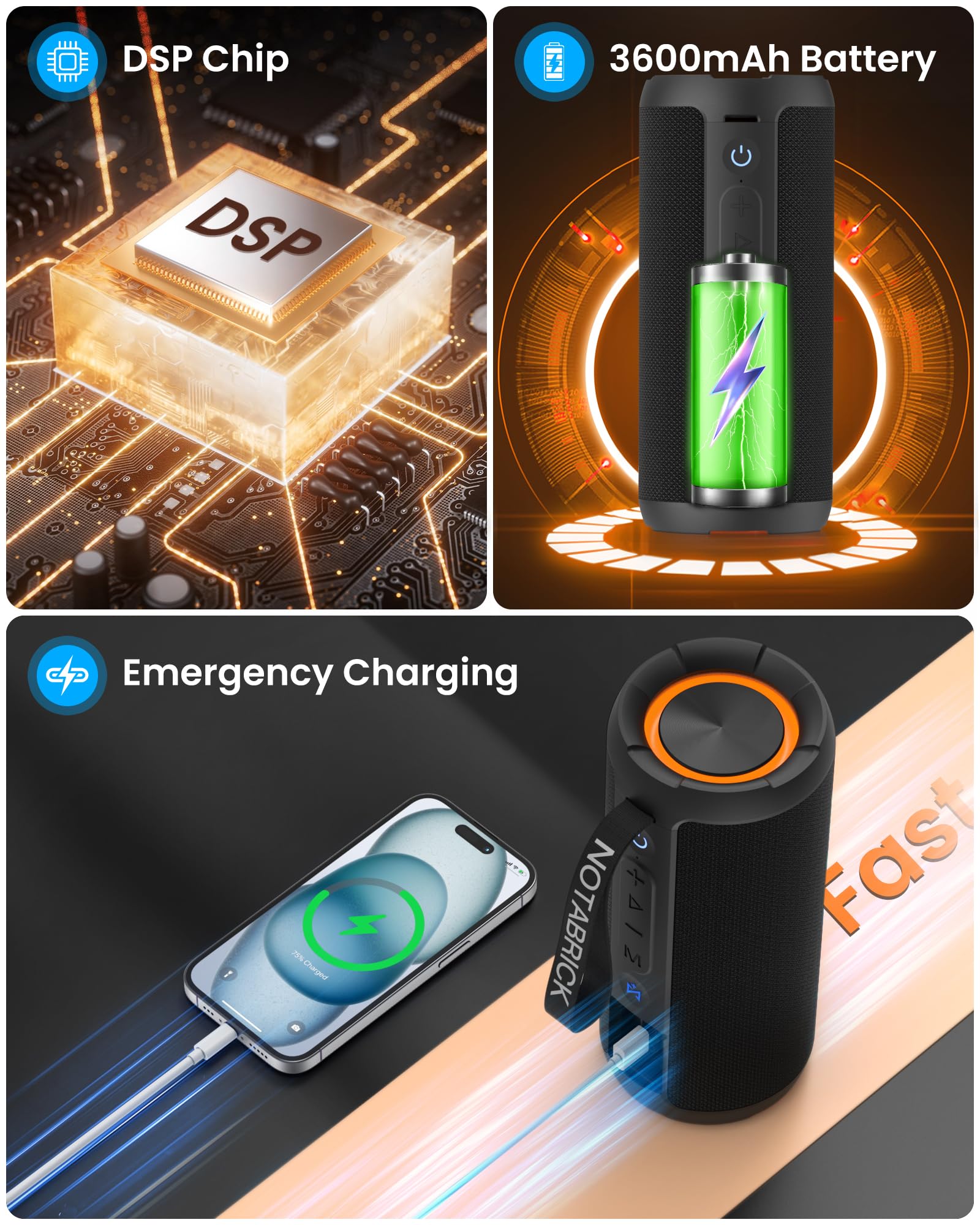 Notabrick Bluetooth Speakers, 40W Dsp Speaker Bluetooth Wireless With Light, Ipx7 Waterproof Speaker, Deep Bass, Power Bank, Tf/