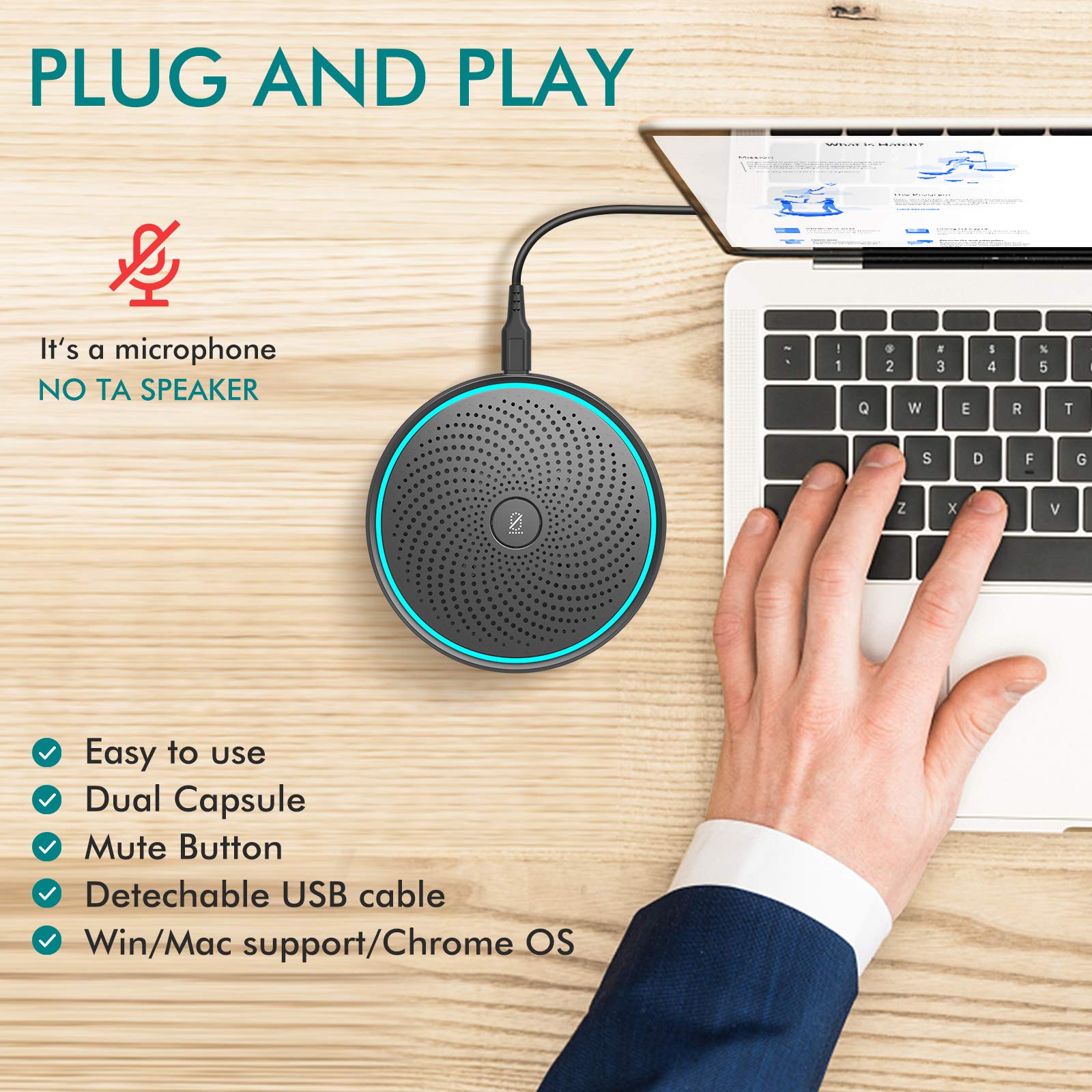 Wise Tiger Usb Conference Microphone For Gaming, Skype, Zoom   360 Omnidirectional Condenser Pc Mic With One Key Mute, Plug & Pl