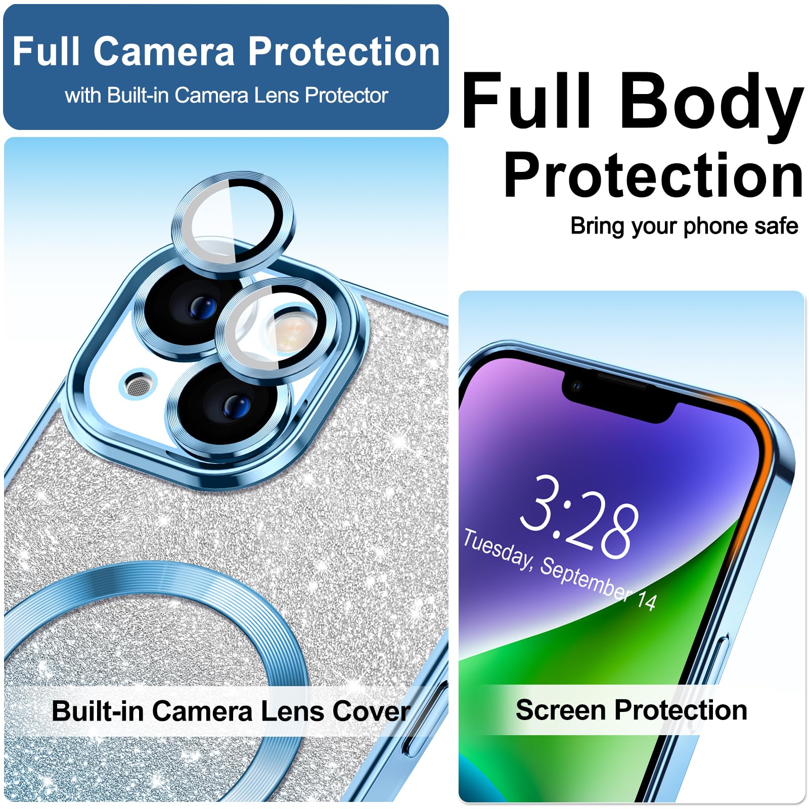 Hython For Iphone 14 Plus Case Clear Magnetic Glitter Phone Cases [Compatible With Magsafe] Full Camera Lens Protector Gradient