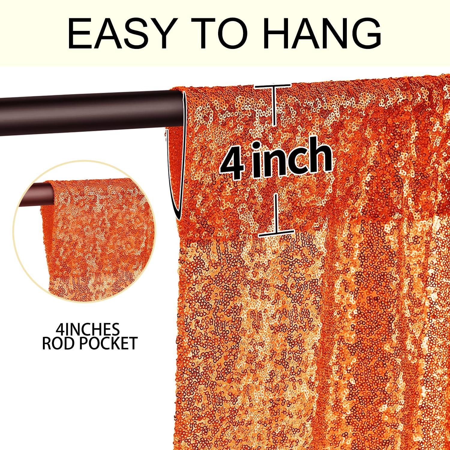 2  8Ft 2Pcs Orange Sequin Backdrop Curtains Panels, Photography Backdrop Glitter Curtains Fabric Background For Christmas Weddin