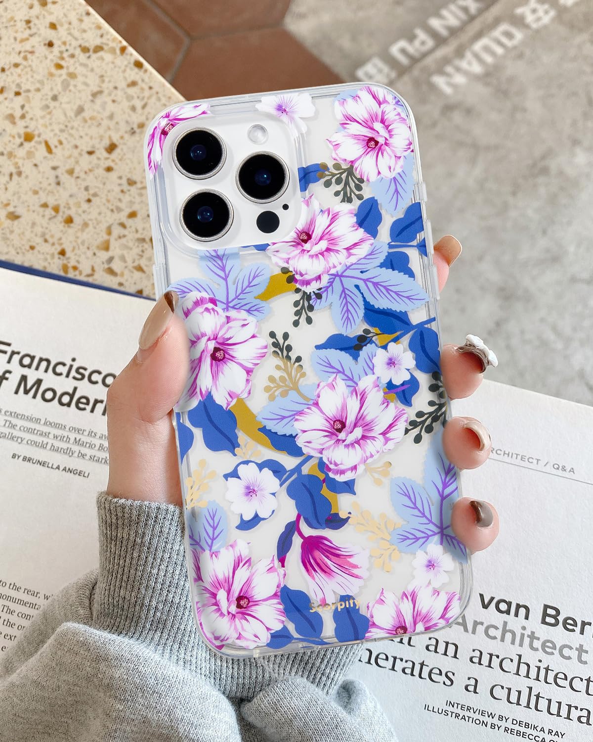 Scorpify For Iphone 16 Pro Case [Compatible With Magsafe] With Purple Hibiscus Floral Design, Cute Clear Flower Magnetic Phone C