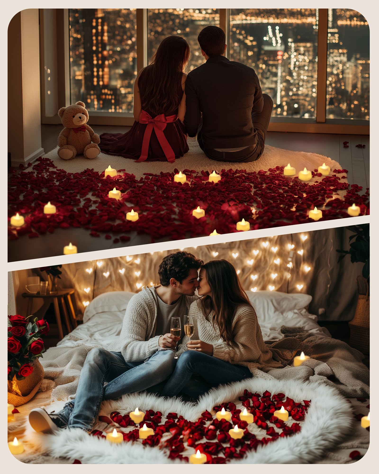 Amagic 4000 Pieces Artificial Rose Petals With 50 Heart Led Tea Lights Candles Kit, Rose Petals And Candles Set For Proposal, An