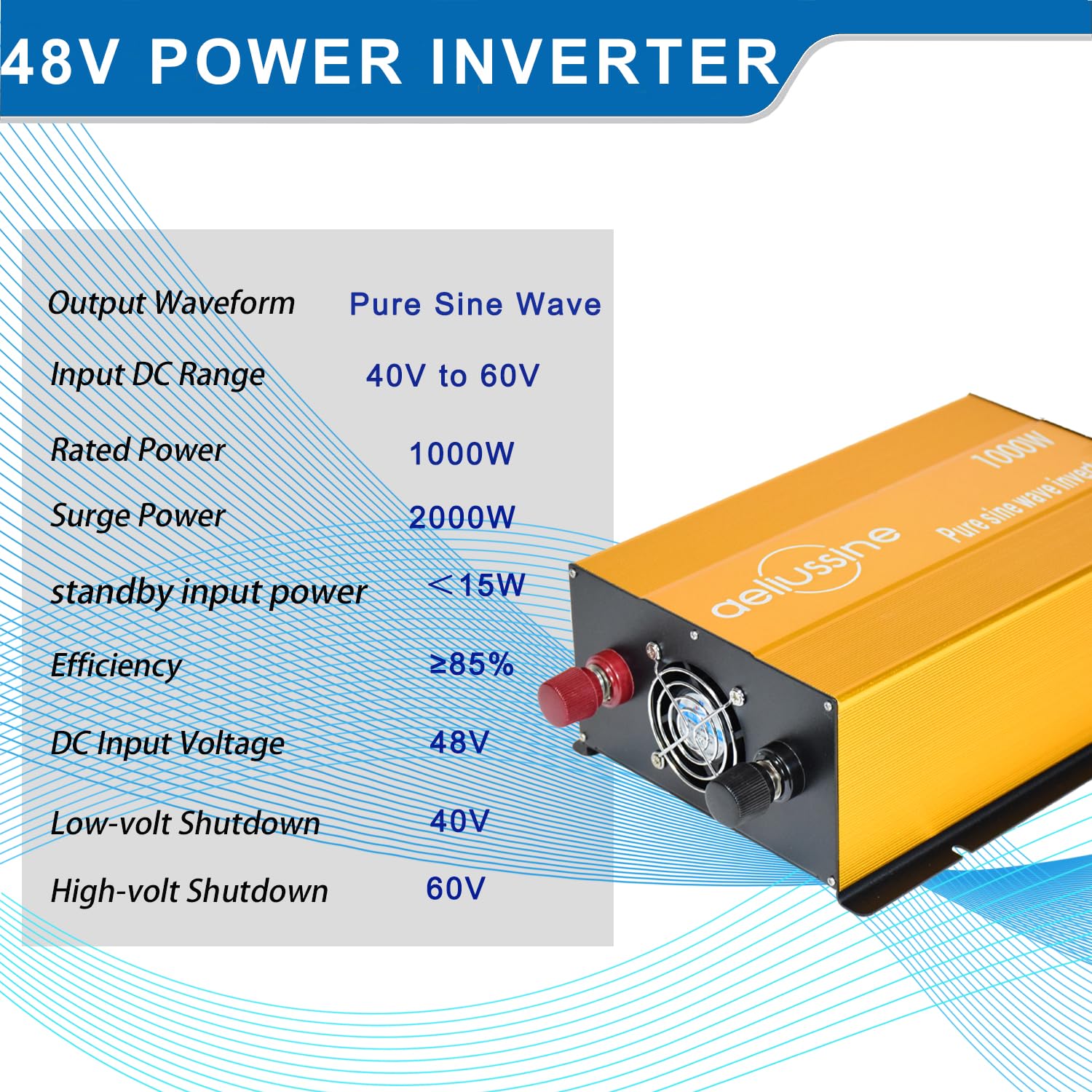 Aeliussine 1000W Pure Sine Wave Inverter-48V Dc To 110V 120V Ac Power Converter With 2 Ac Outlets, 48 Volt Power Inverter For Tr