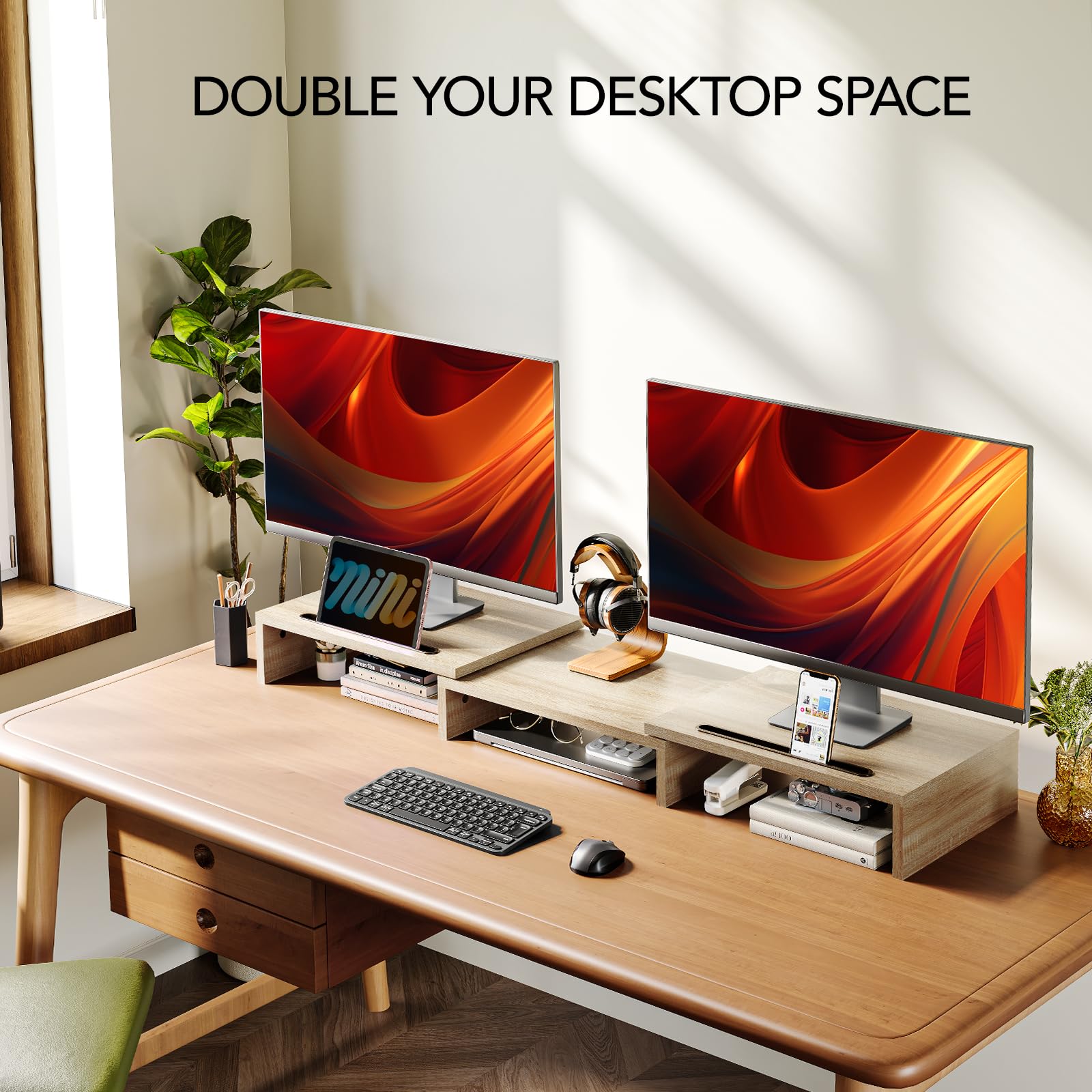 Ameriergo Dual Monitor Stand Riser  3 Shelf Screen Stand With Adjustable Length And Angle, 2 Extra Functional Slot Desktop Organ