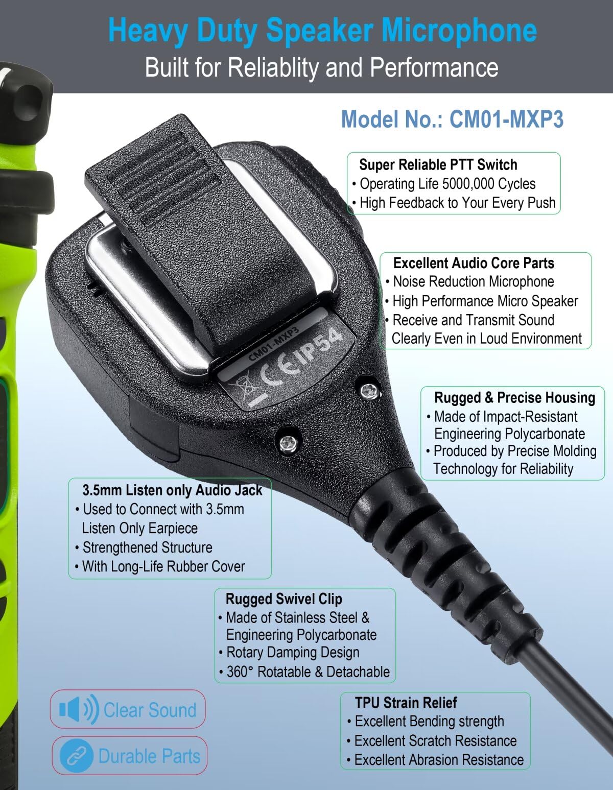 Commountain Speaker Mic With Reinforced Cable For Motorola Radios Xpr 3500E, Xpr 3300E, Xpr 3500, Xpr 3300, Xpr3500E, Xpr3300E,
