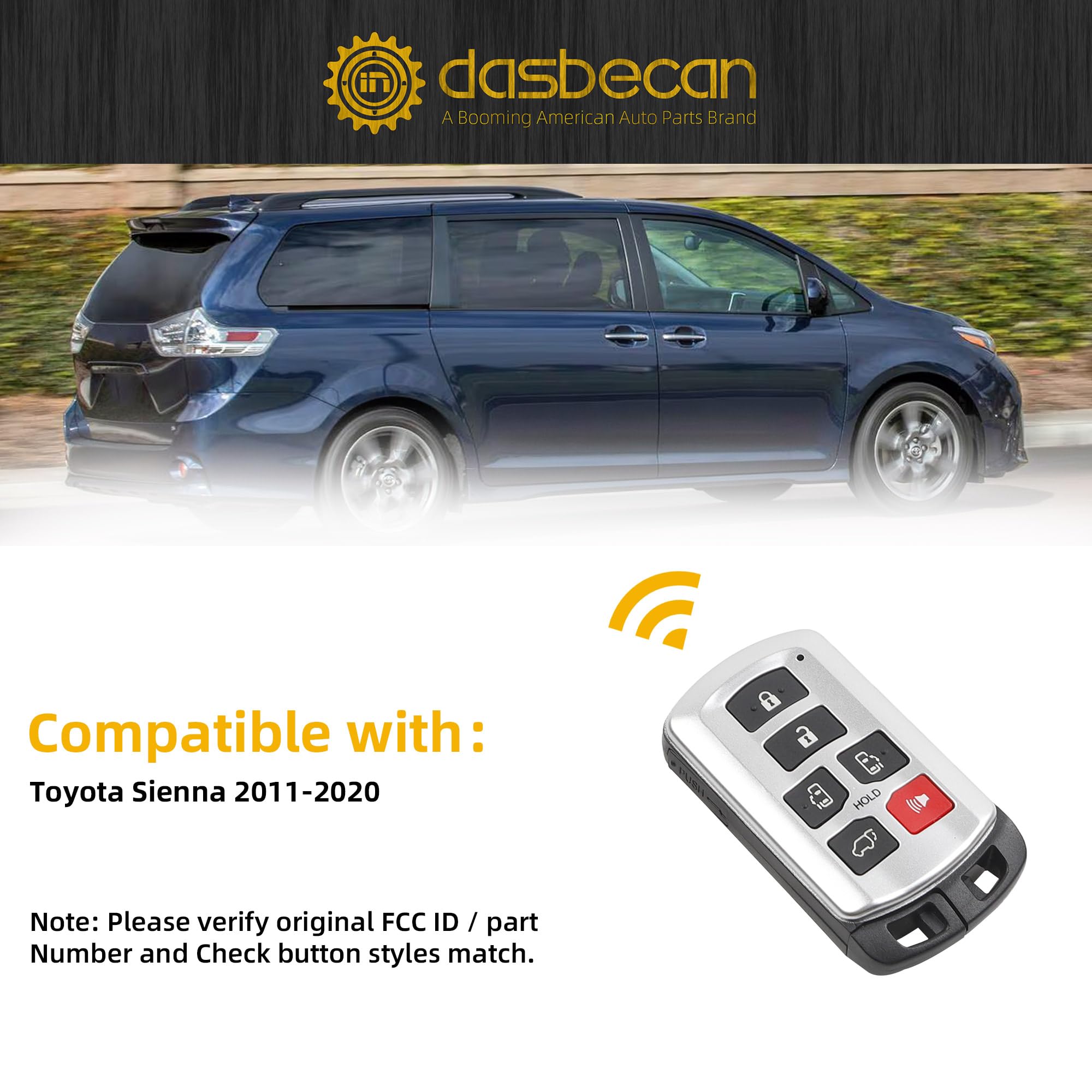 Dasbecan Key Fob Replacement Compatible With Toyota Sienna 2011-2020 Keyless Entry Remote Control Replaces 89904-08010 314.3 Mhz
