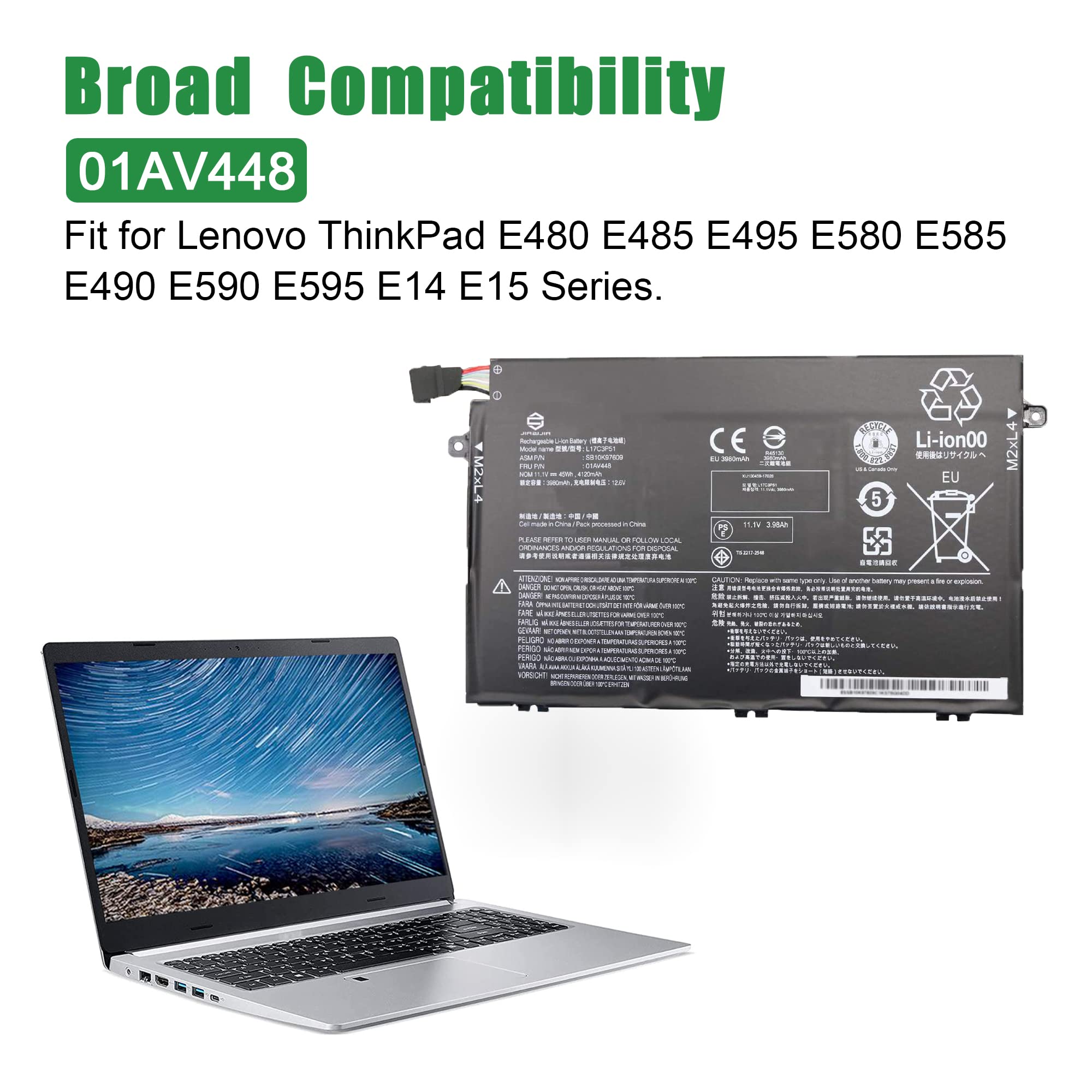 Jiazijia 01Av448 L17C3P51 Sb10K97609 Laptop Battery Replacement For Lenovo Thinkpad E480 E485 E495 E580 E585 E490 E590 E595 E14