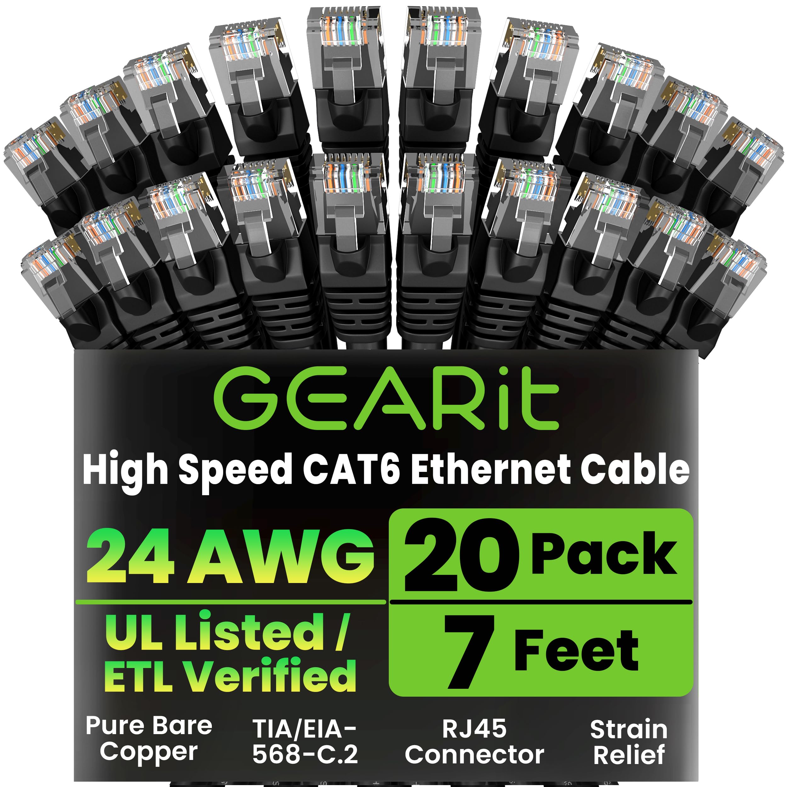 GEARit Cat 6 Ethernet Cable Pack - 20-Pack 7 ft Cat6 Ethernet Patch Cables | RJ45 Network Patch Cable, 10 Gbps Snagless Gold-Pla