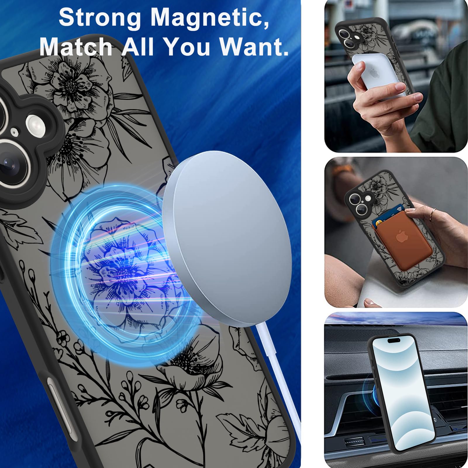 Ook Magnetic For Iphone 16 Case [Compatible With Magsafe] Black Peony Flower Slim Translucent Matte Case For Iphone 16 Case Came