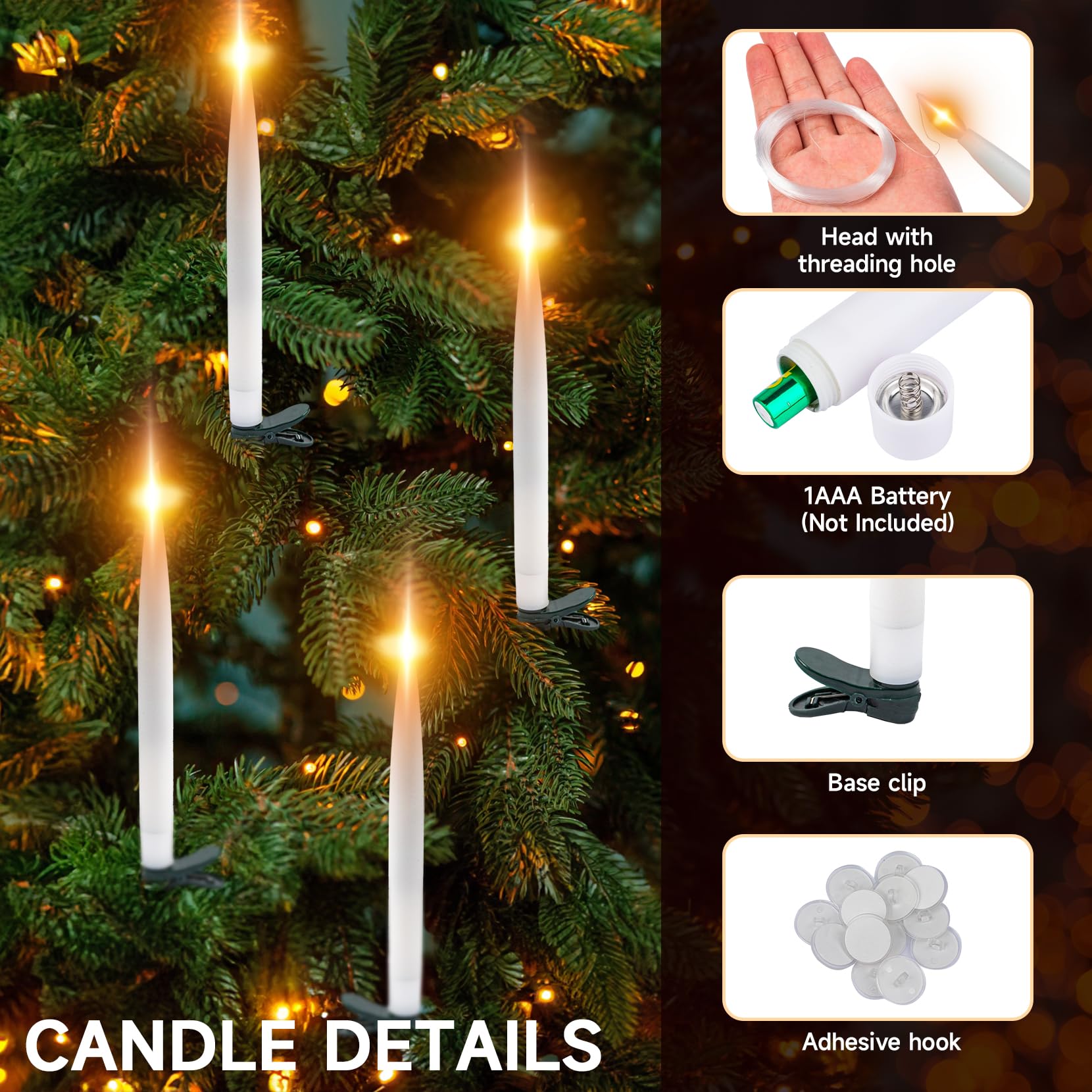 Dressvoguer 22 Pcs Christmas Tree Candles Lights Flickering Clip Flameless Led Taper Window Candles With Timer, Christmas Candle