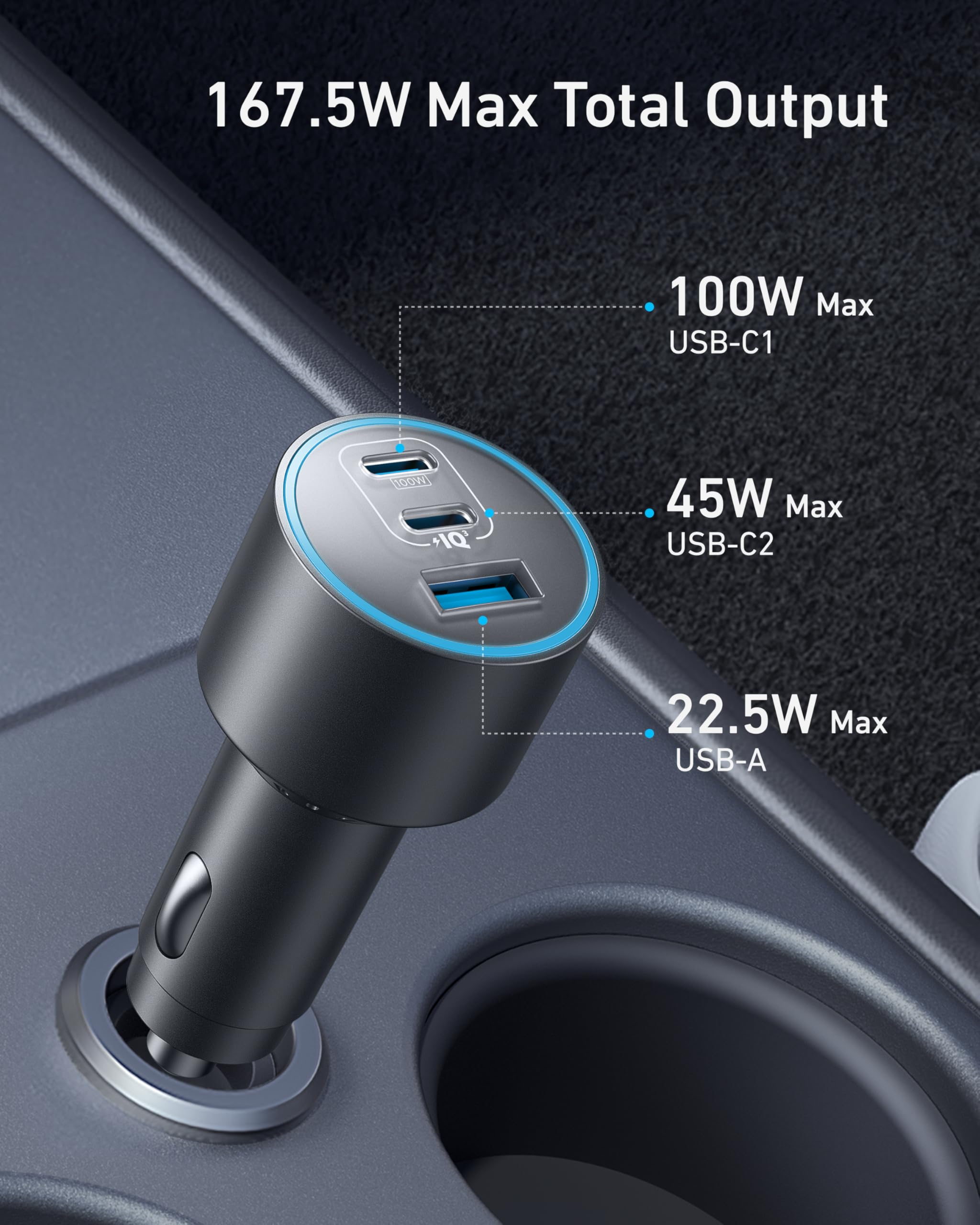 Anker Iphone 16 Usb C Car Charger, 167.5W Max 3 Port Ultra Compact Type C Fast Iphone Car Charger, For Macbook Pro/Air, Iphone 1