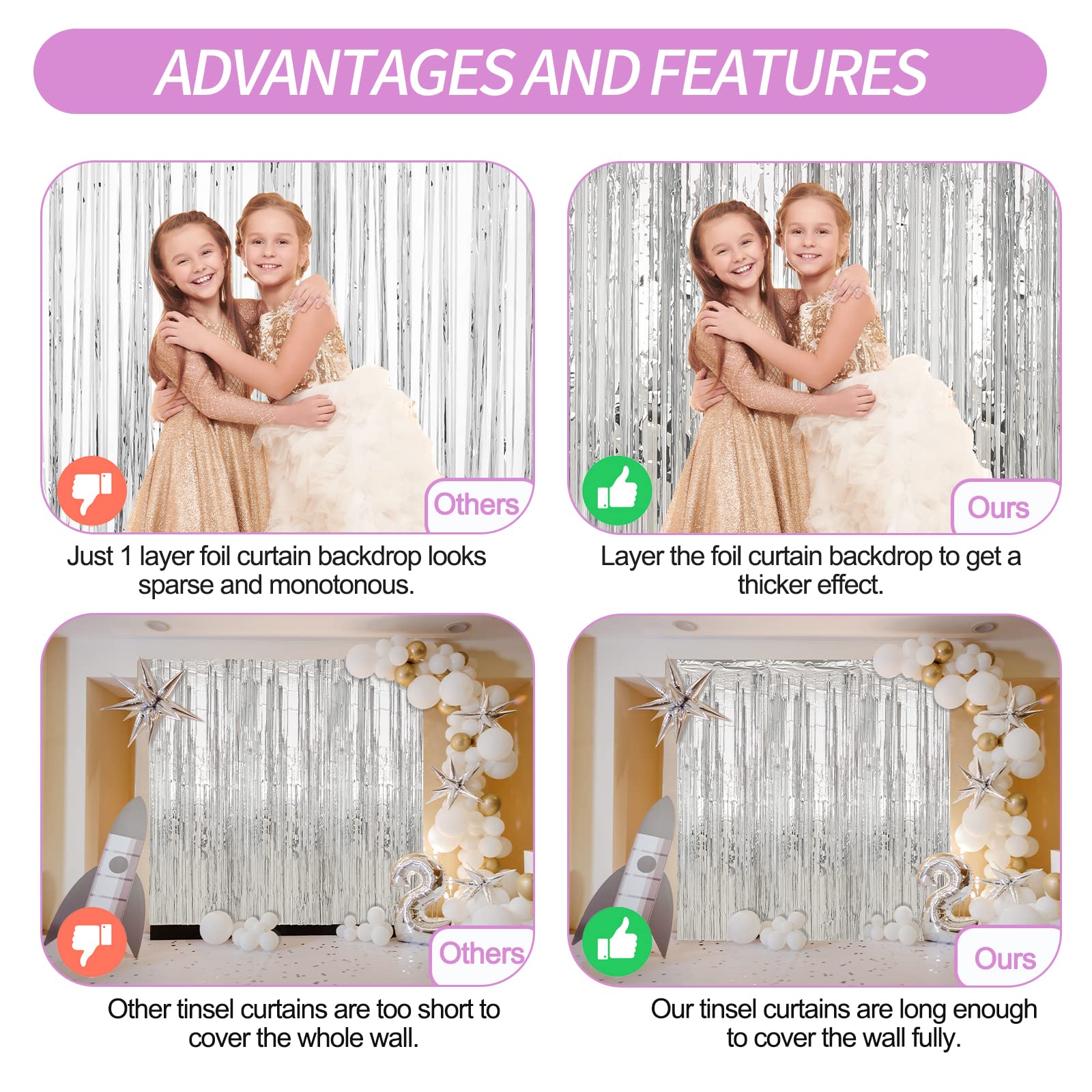 Crosize 2 Pack 3.3 X 9.9 Ft Silver Foil Fringe Backdrop Curtain, Streamer Backdrop Curtains, Streamers Birthday Party Decoration