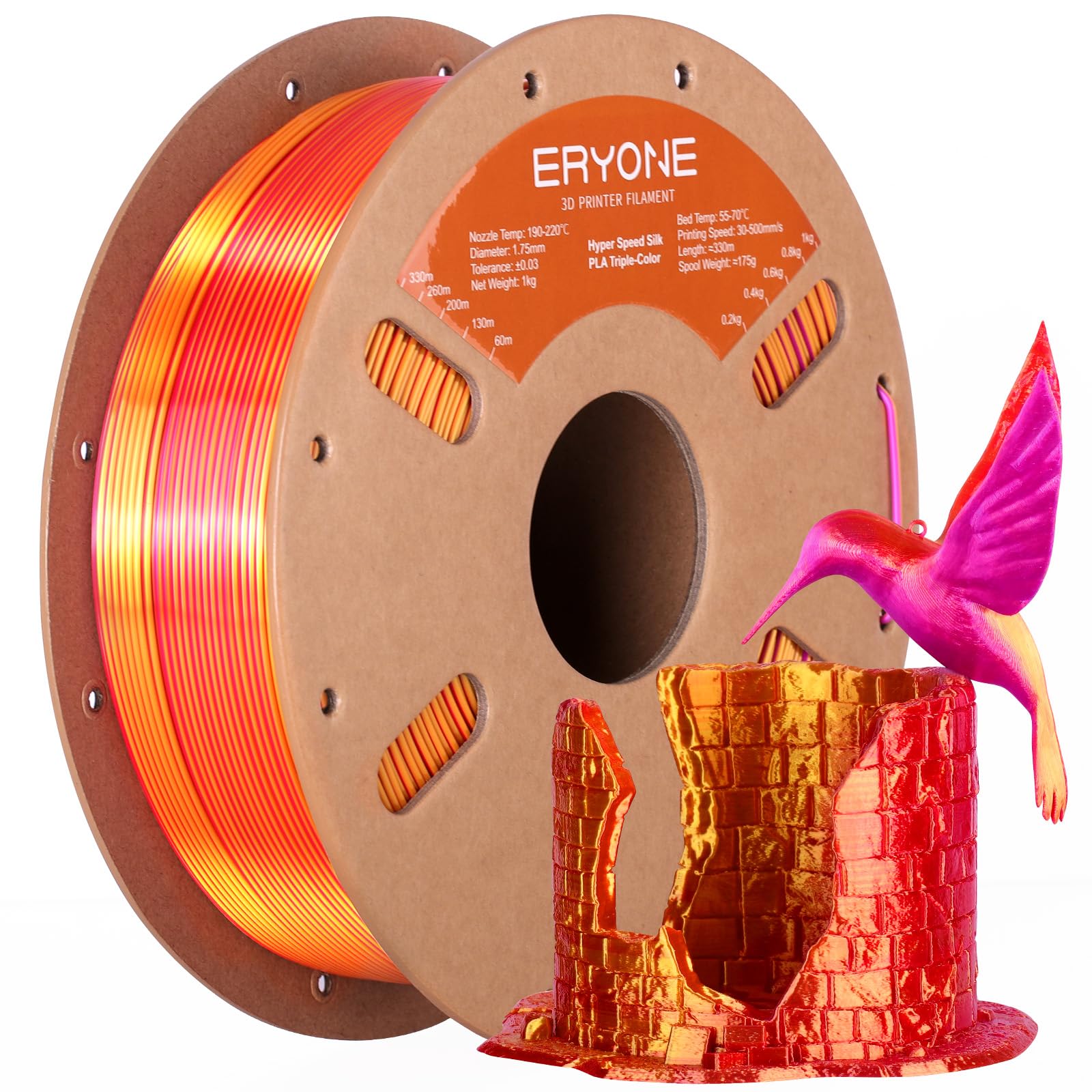 ERYONE Silk Filament PLA+ 1.75mm Shiny 3D Printer Filament, Multicolor PLA 3 in 1, 1kg (2.2LBS)/Spool, HS Silk Tri Color Red Gol