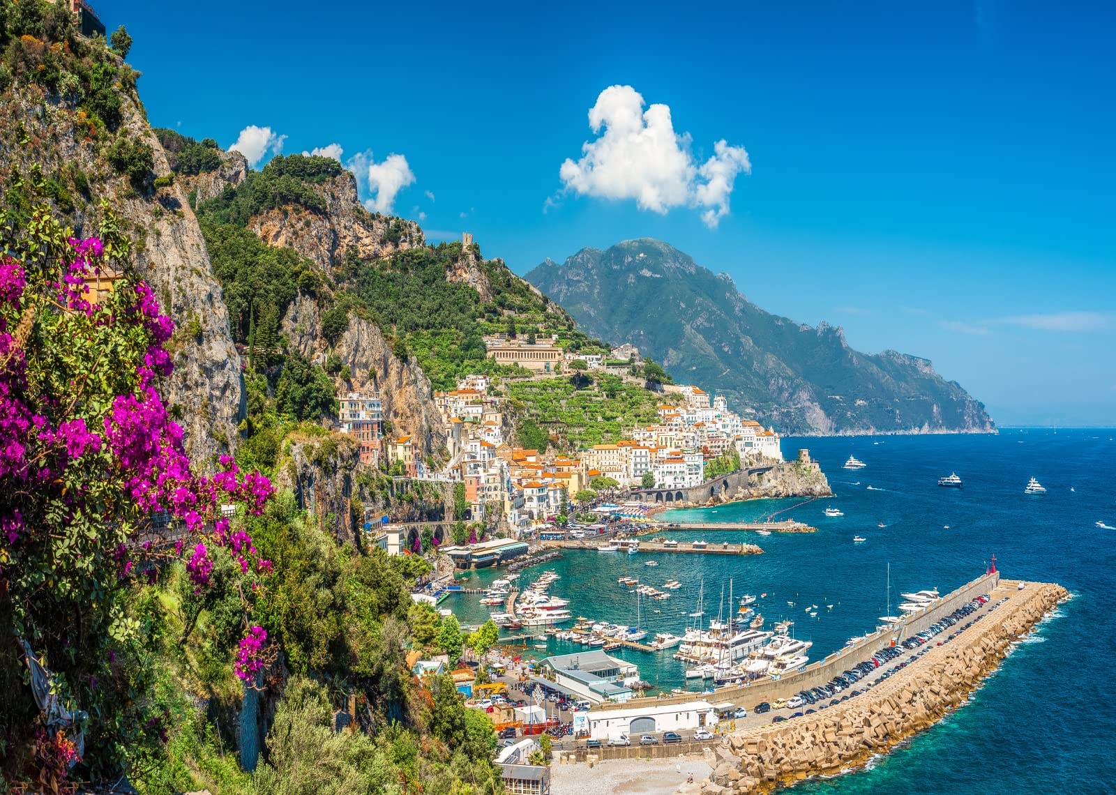 BELECO 7x5ft Italian Amalfi Coast Backdrop Amalfi Town Green Mountain Houses Blue Ocean Scenery, Italy Photo Background Italian 