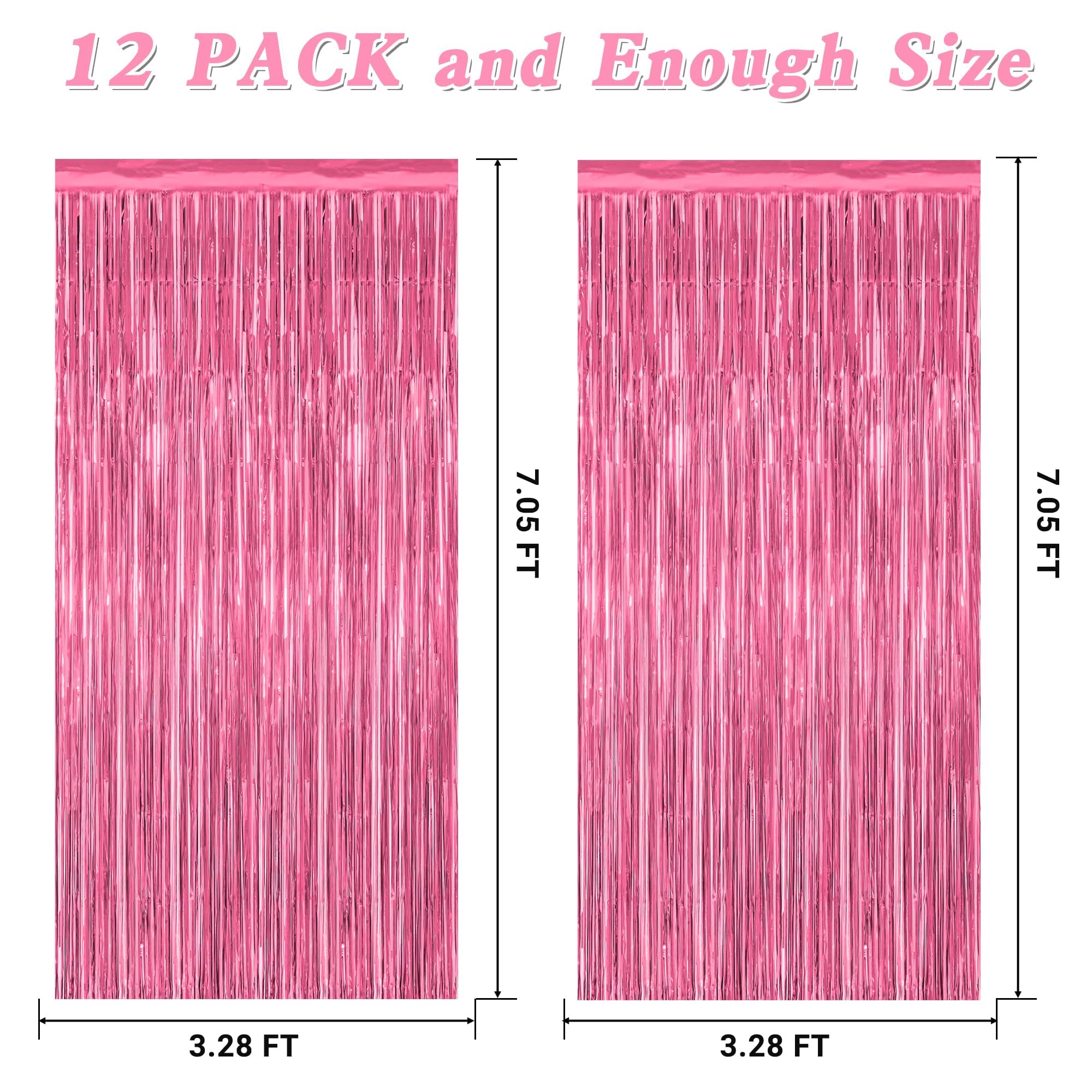 Zataye 12 Pack Pink Backdrop, 3.28 Ft X 7.05 Ft Foil Fringe Curtains, Metallic Pink Tinsel Curtain Party Streamer Birthday Backd