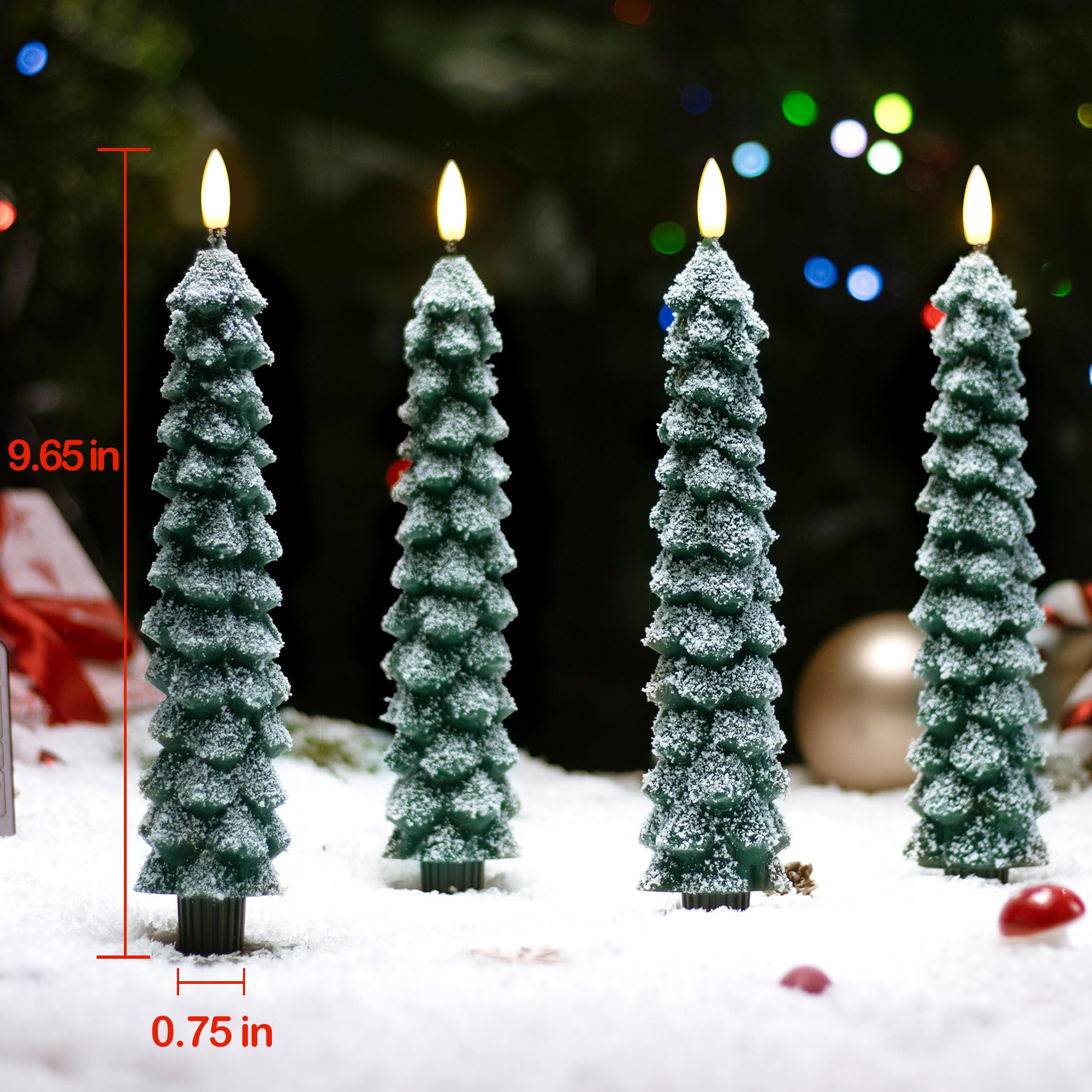 Stmarry 4 Pack Christmas Tree Candles Covered In Snow With Remote, 9.65 Inch Real Wax Flameless Taper Candles, Led Candles Batte
