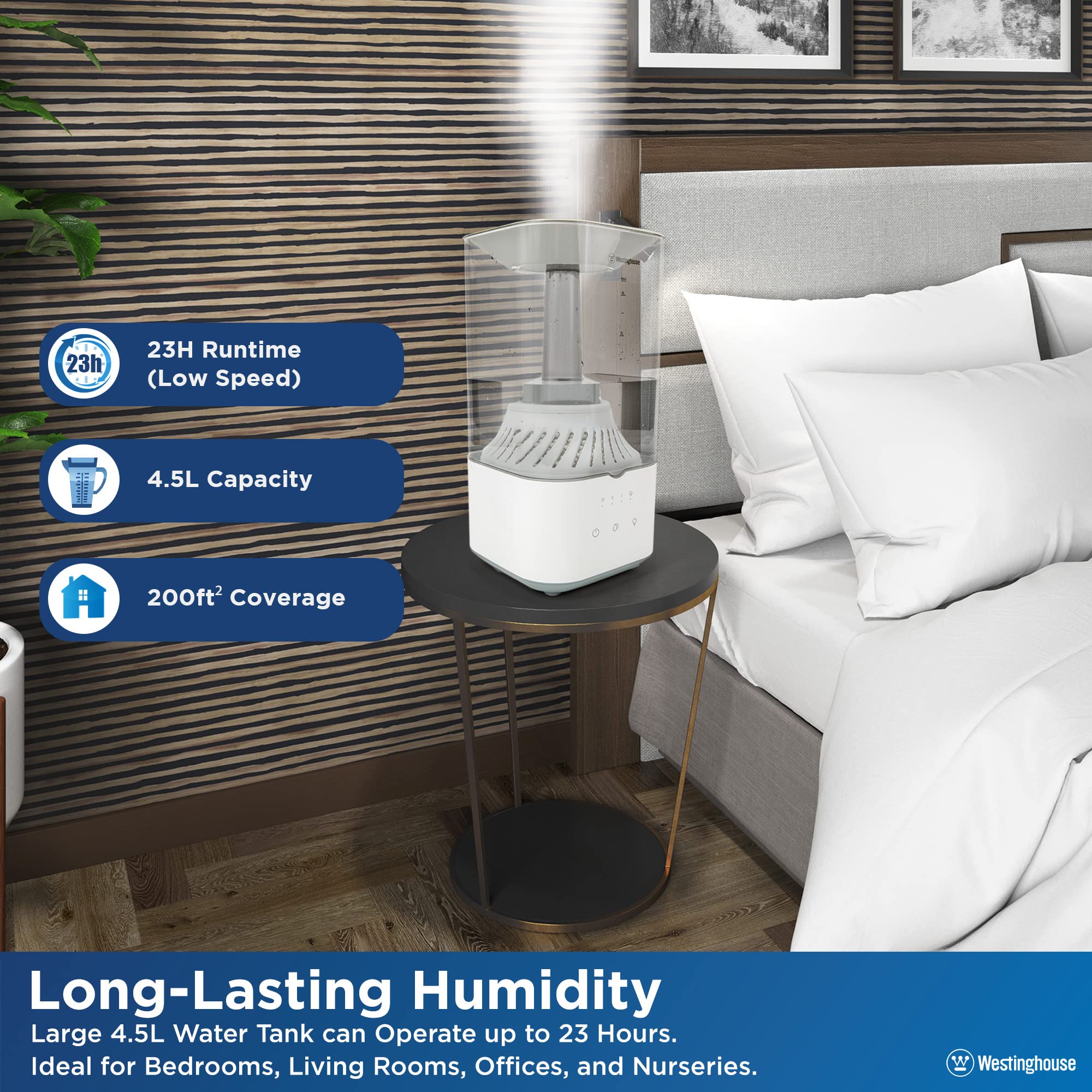 Westinghouse Ultrasonic Cool Mist Humidifier, 4.5L Top Fill Quiet Air Humidifier With Led Night Light And Touch Button Control,